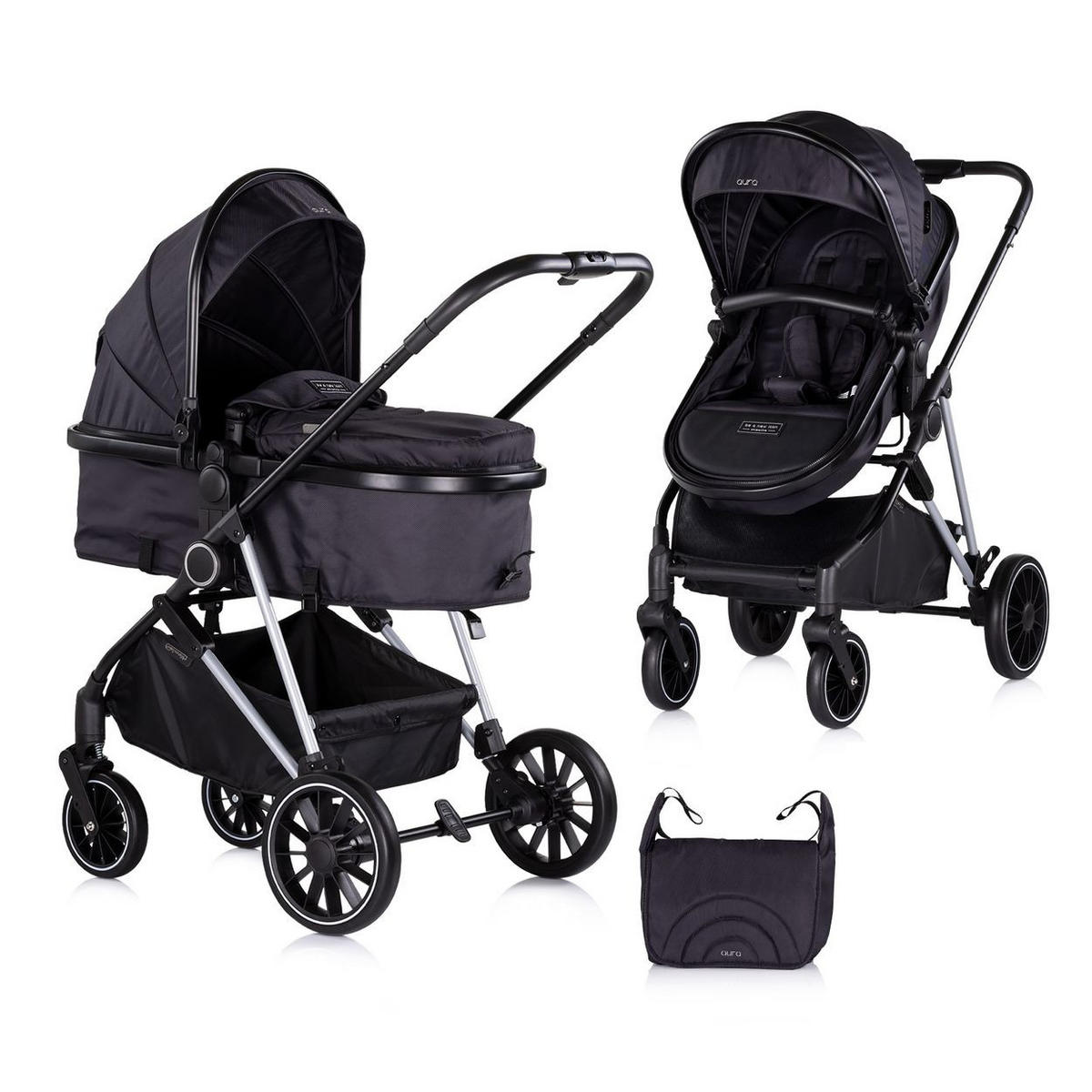 KINDERWAGEN Aura 2 in 1 schwarz gemustert umbaubar Wickeltasche Sitz umkehrbar bis 22 kg - Schwarz, Metall (98/60/106cm) - Chipolino