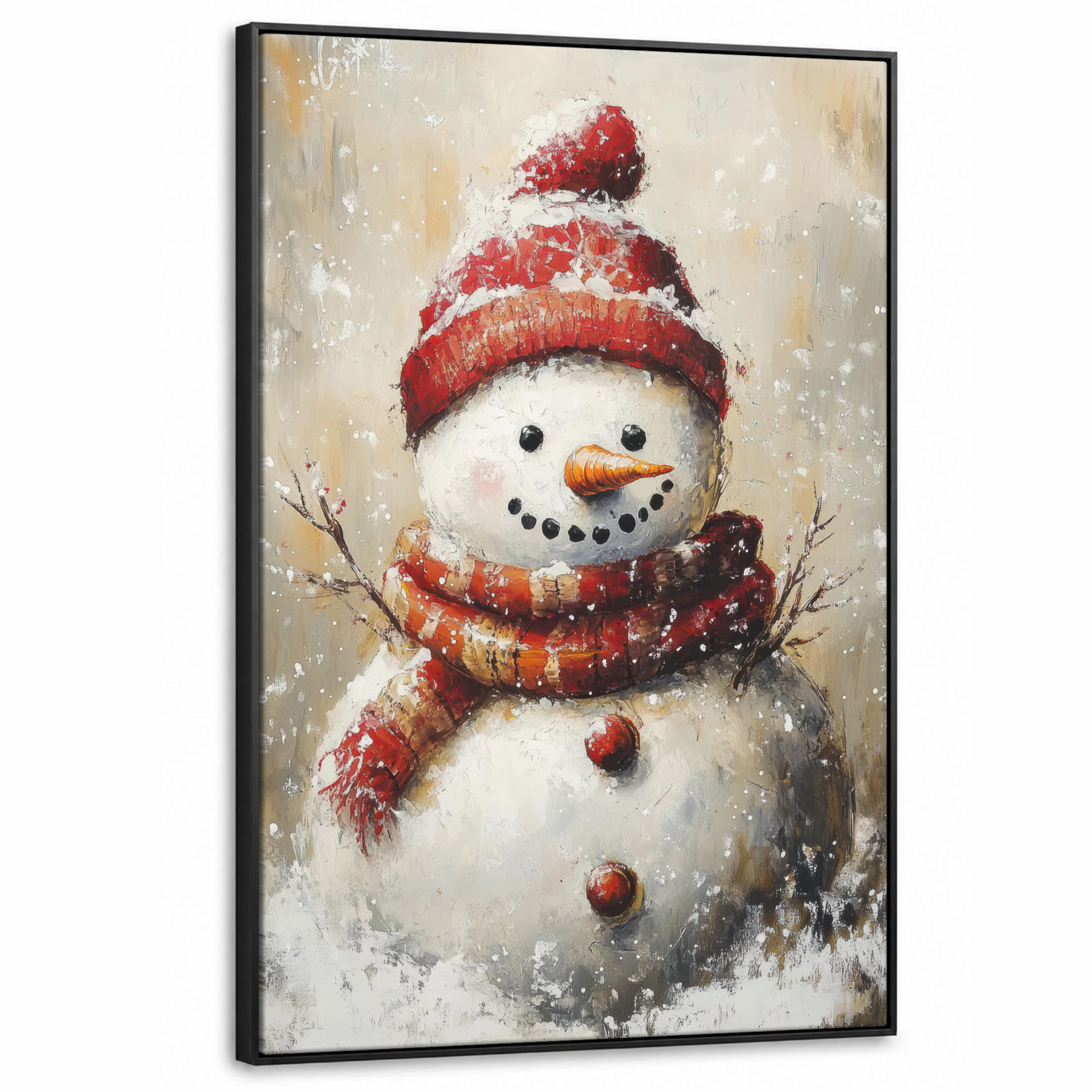 LEINWAND Bilder mit Rahmen - Schneemann - Winter - Schnee - Beige - 100x150 - Weiß, Textil (100/150cm) - MuchoWow