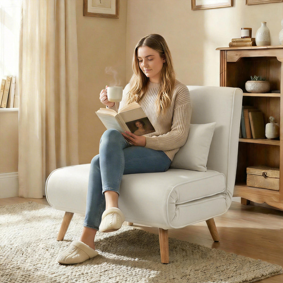 SCHLAFSESSEL 3-in-1 DE-14675 5-stufig verstellbar mit Kissen Creme - Creme, Textil (72/85/75cm) - ComfortXL