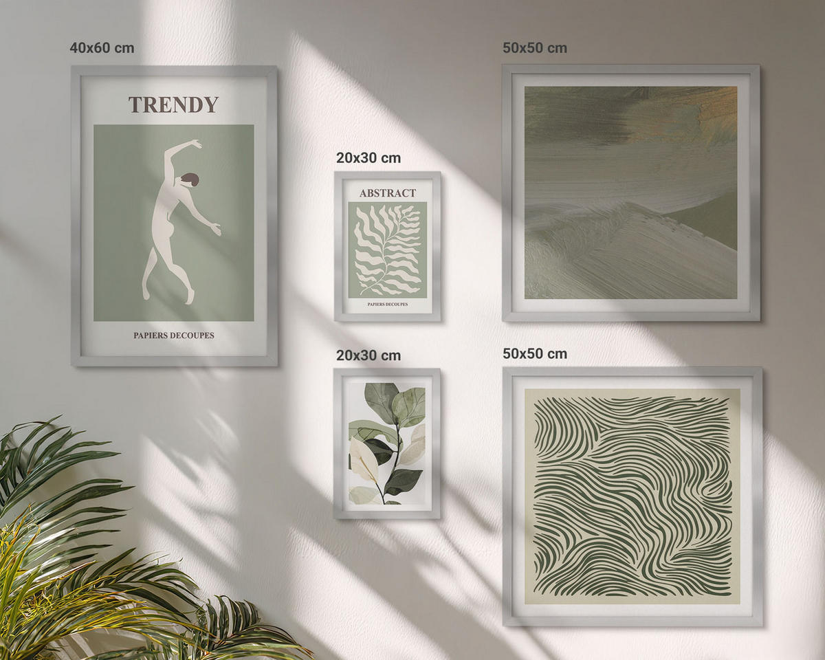 WANDBILDER 5er Set - 50x50 cm & 20x30 cm & 40x60 cm Silberner Rahmen - Abstrakte Pflanzenmuster - Silberfarben, Kunststoff (40/60cm) - ArtPrintCave