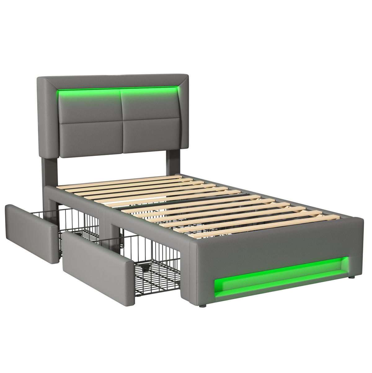POLSTERBETT 90/190 cm mit USB-Anschluss, LED-Beleuchtung, 4 Schubladen und PU-Bezug, Grau - Grau, Kunststoff (90/190cm) - Redom