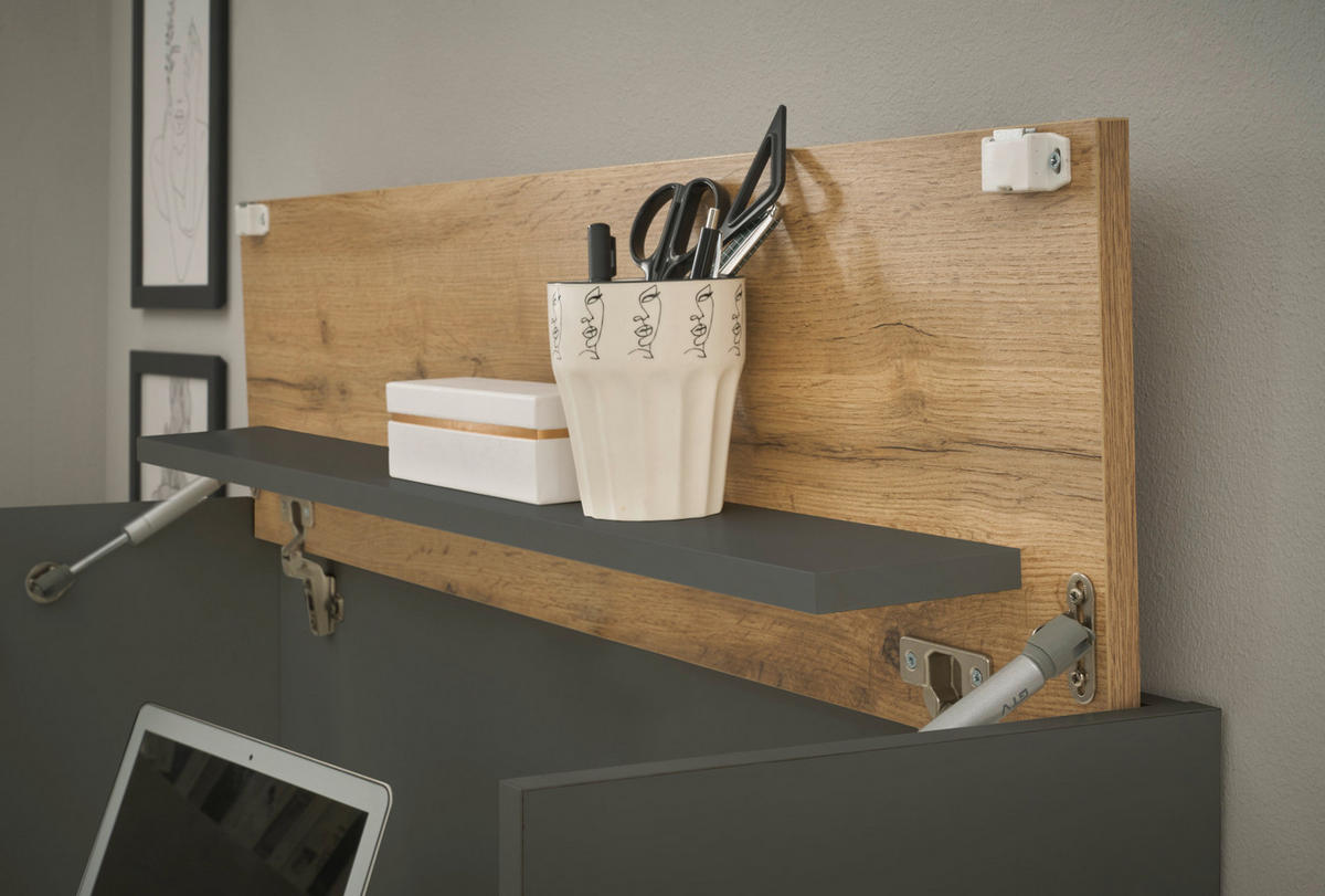 WOHNWAND mit Sekretär grau matt, Eiche Wotan 340 cm, Wohnkombination 6-teilig - Eiche Wotan/Grau, Holzwerkstoff/Kunststoff (340/200/40cm) - Furn.Design