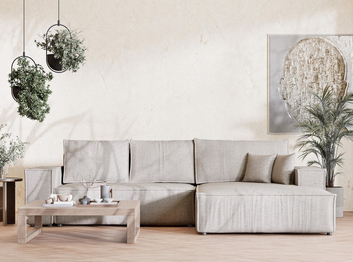 ECKSOFA MIT SCHLAFFUNKTION Maze Beige Webstoff - Schwarz/Grau, Holz/Holzwerkstoff (294/185cm) - Maison de Reve