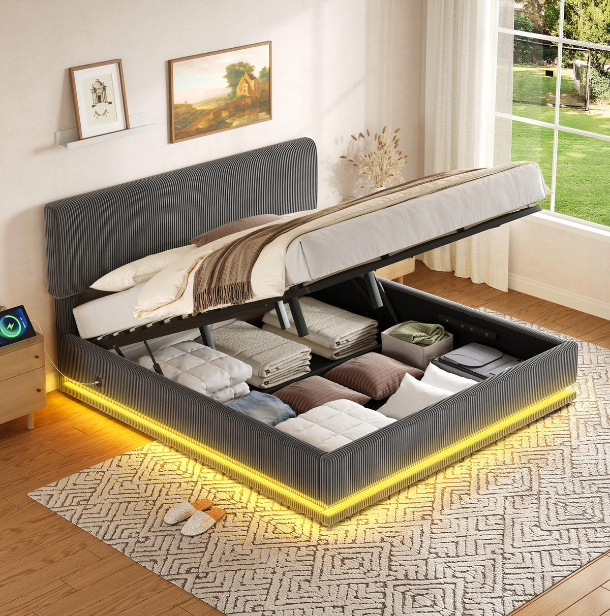 POLSTERBETT 180/200 cm mit LED-Beleuchtung, USB-C-Anschluss, verstellbarem Kopfteil und Bettkasten, Dunkelgrau - Dunkelgrau, Textil (180/200cm) - Redom