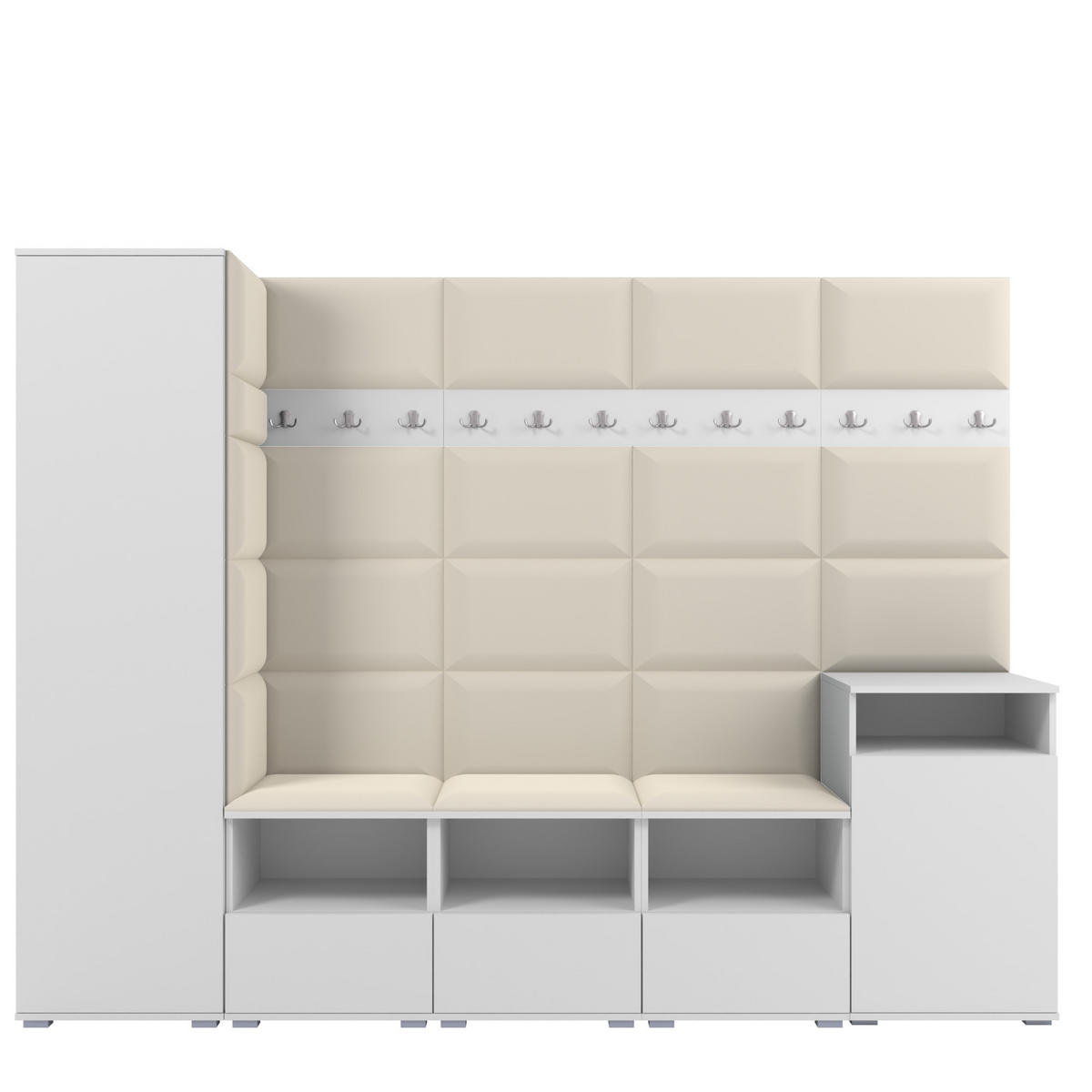 GARDEROBE NELA XI 250 cm (Modulare Flurmöbel Weiß mit Sitzpolster Creme 01 Großes Set) - Silberfarben/Creme, Holz/Holzwerkstoff (250/187/40cm) - Ravio