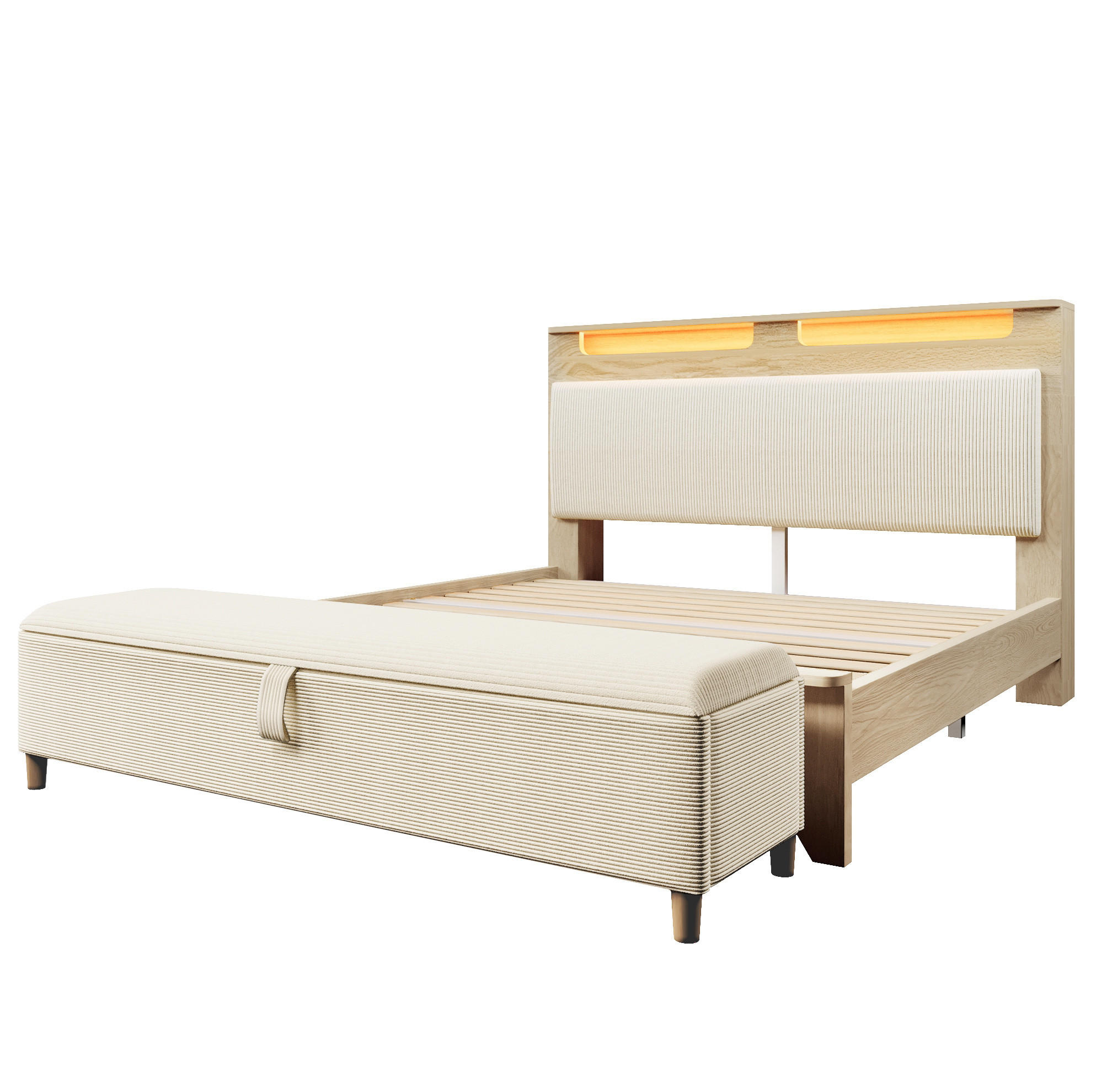 POLSTERBETT 160/200 cm mit LED-Beleuchtung, Matratze Stauraumkopfteil und Bettbank, Eichefarben/Beige - Beige, Holzwerkstoff (160/200cm) - Redom