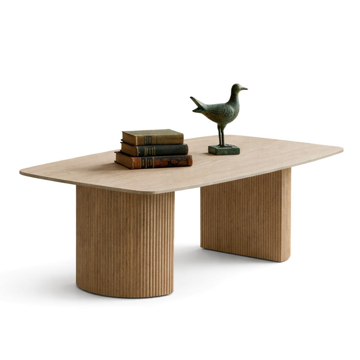 COUCHTISCH Keramik Travertin-Optik geriffeltes Säulengestell Sand 130 × 70 cm - Sandfarben, Keramik/Metall (70/130/45cm)