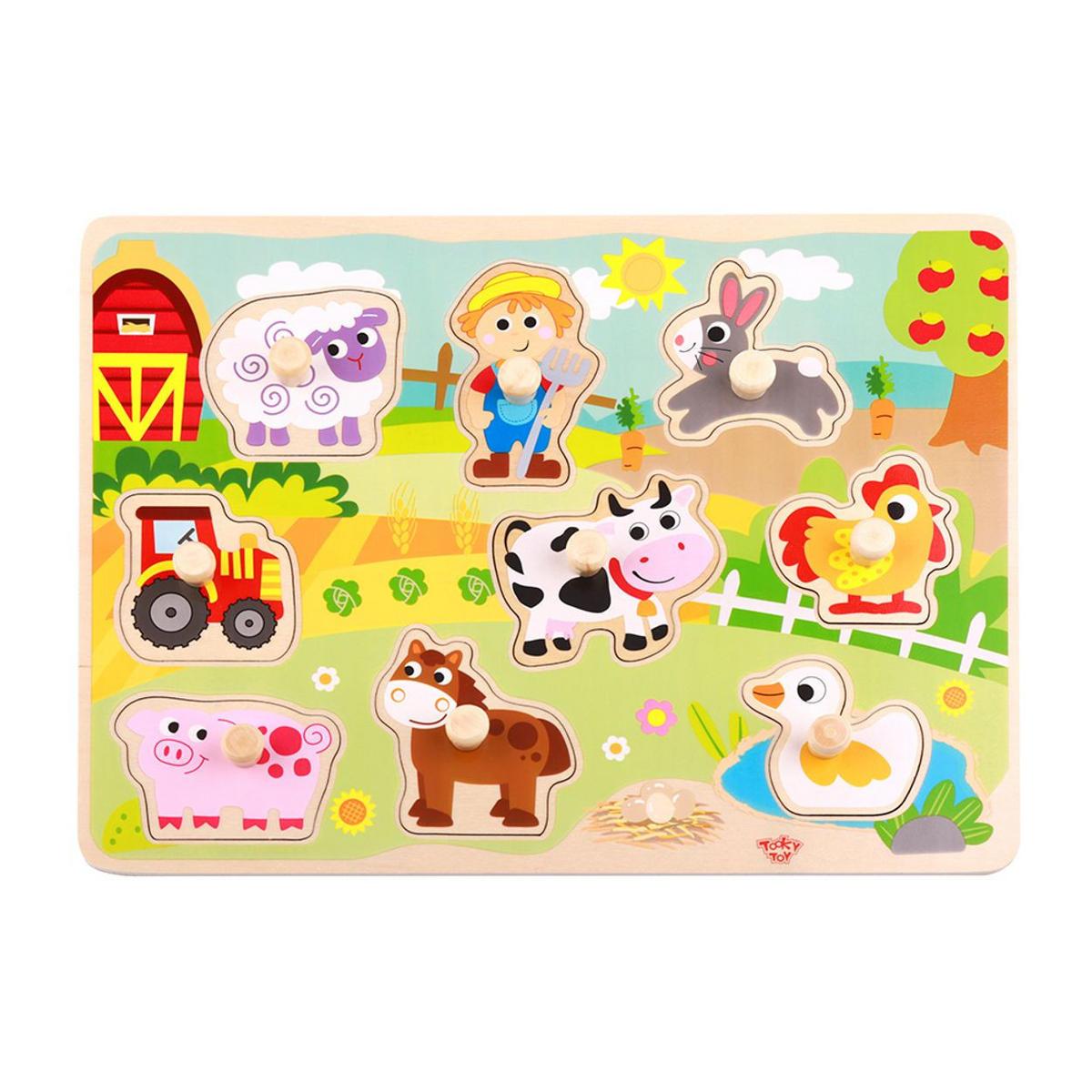 HOLZPUZZLE Farm TY858 bunt Holz, 10-teilig, Bauernhof, Traktor, Tiere, Griff-Puzzleteile - Multicolor, Holz (22/30cm) - Tooky Toy