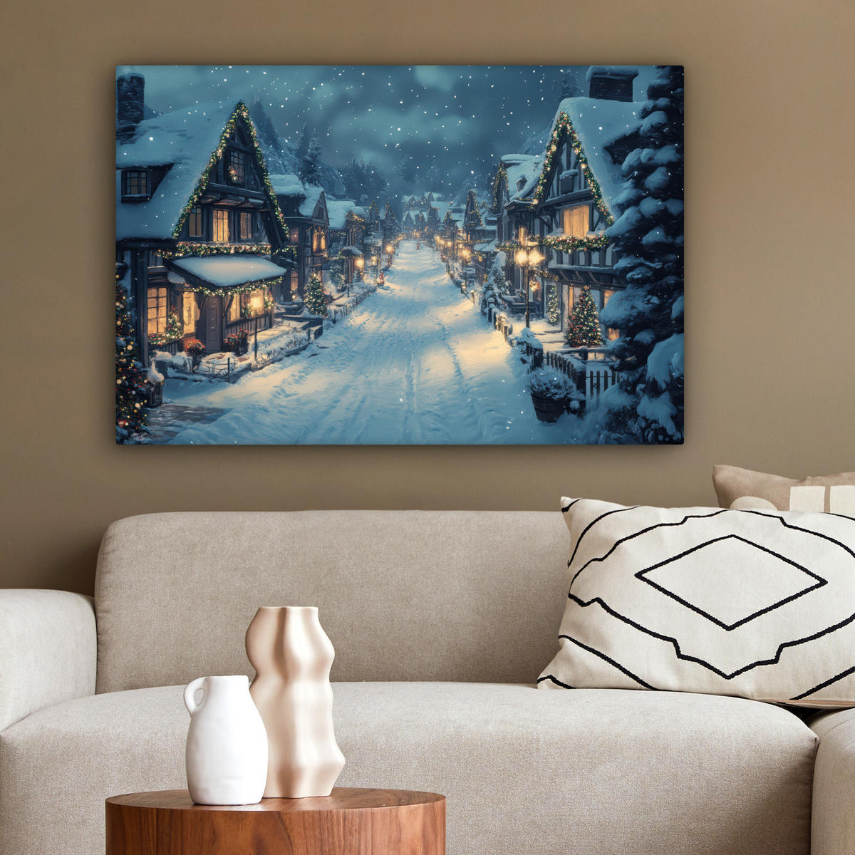 LEINWANDBILD Weihnachtsdorf - Weihnachten - Schnee - Winter Gemälde 60x40 cm - Dunkelblau, Textil (60/40cm) - MuchoWow