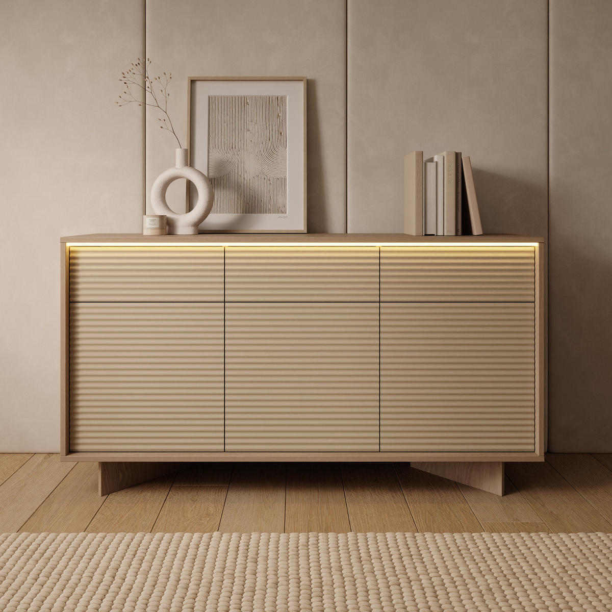 SIDEBOARD TORSANO (Bolivar Natur/Cappuccino, 3 Türen, 3 Schubladen, LED-Beleuchtung, Push-to-Open) - Eichefarben/Beige, Holz/Holzwerkstoff (154/84/40cm) - Ravio