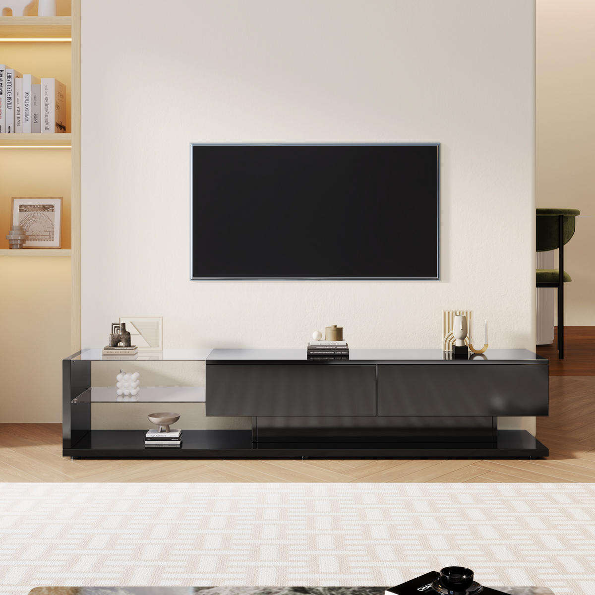 TV-ELEMENT mit LED und Glasregalen 170 cm Schwarz Hochglanz - Schwarz, Holzwerkstoff (36/38/170cm) - Beauniv