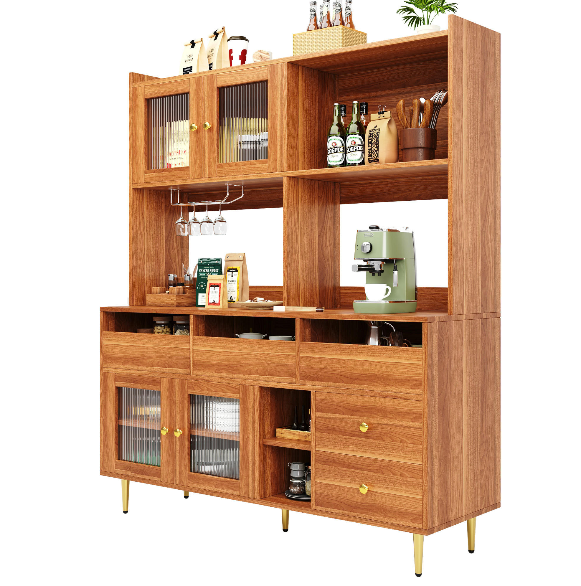 HOCHSCHRANK aus MDF in Walnussbraun mit Changhong-Glastür und Weinregal, 145/39/171 cm, Walnussbraun - Walnussfarben, Holzwerkstoff (39/171/145cm) - Redom