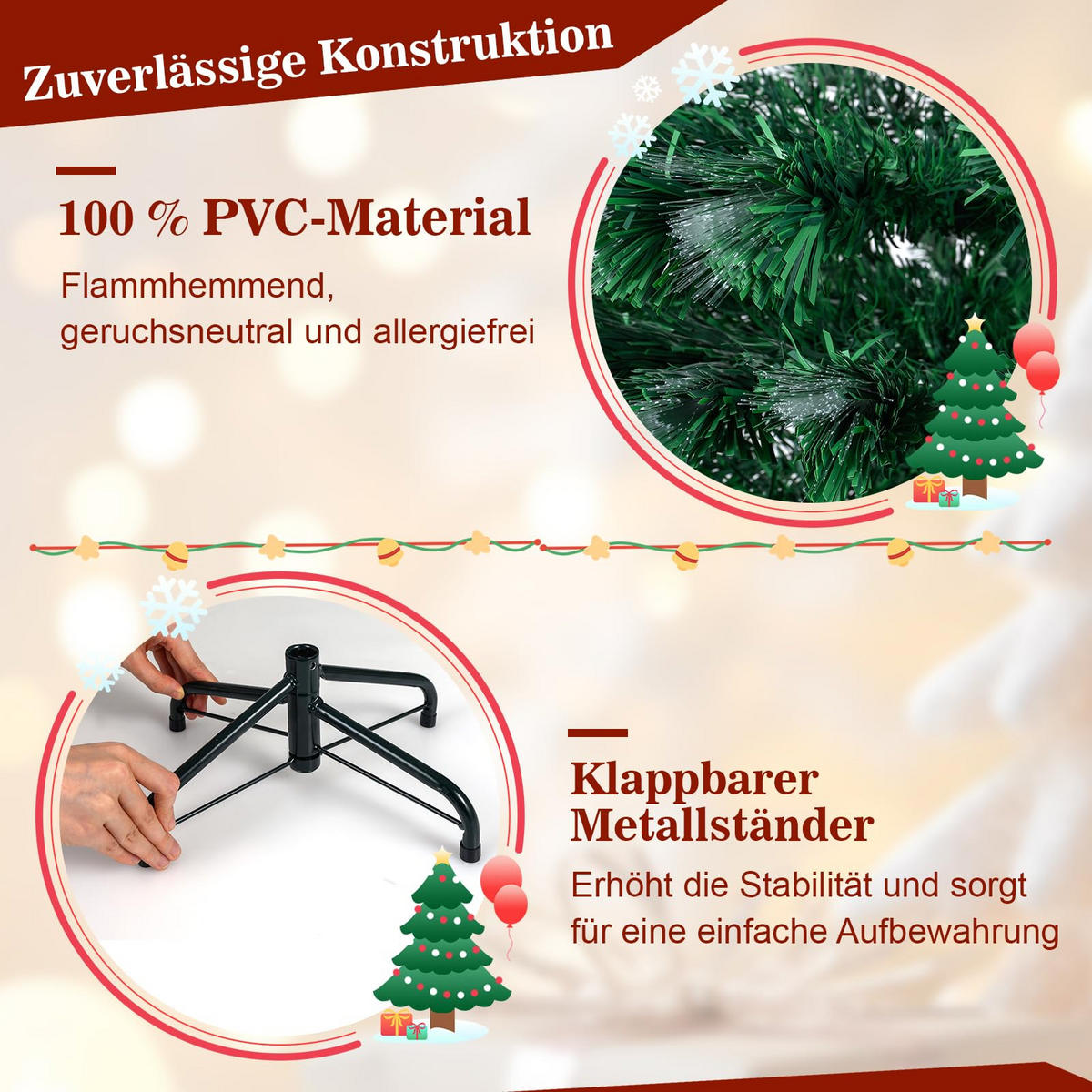 WEIHNACHTSBAUM Tannenform mit 8 Lichtmodi 120 cm warmweiße Glasfaser - Grün, Metall (120cm) - COSTWAY