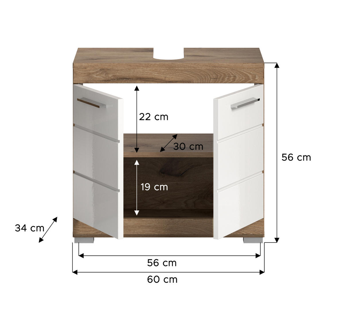 WASCHBECKENUNTERSCHRANK weiß Hochglanz, Eiche 60 cm, 2-türig - Chromfarben/Weiß Hochglanz, Holzwerkstoff/Kunststoff (60/56/31cm) - Inn.Furn