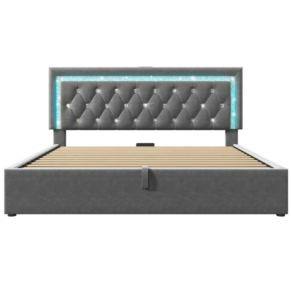 SAMT-POLSTERBETT 160/200 cm mit LED-Beleuchtung, Bettkasten und gepolstertem Kopfteil - Grau, Textil (160/200cm) - BEAOK
