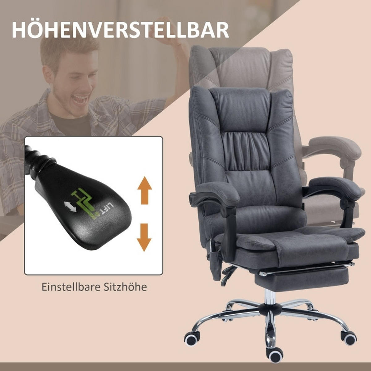 BÜROSTUHL mit Massagefunktion höhenverstellbar Dark Grey - Dunkelgrau, Kunststoff (70/118/64cm) - Meubliv