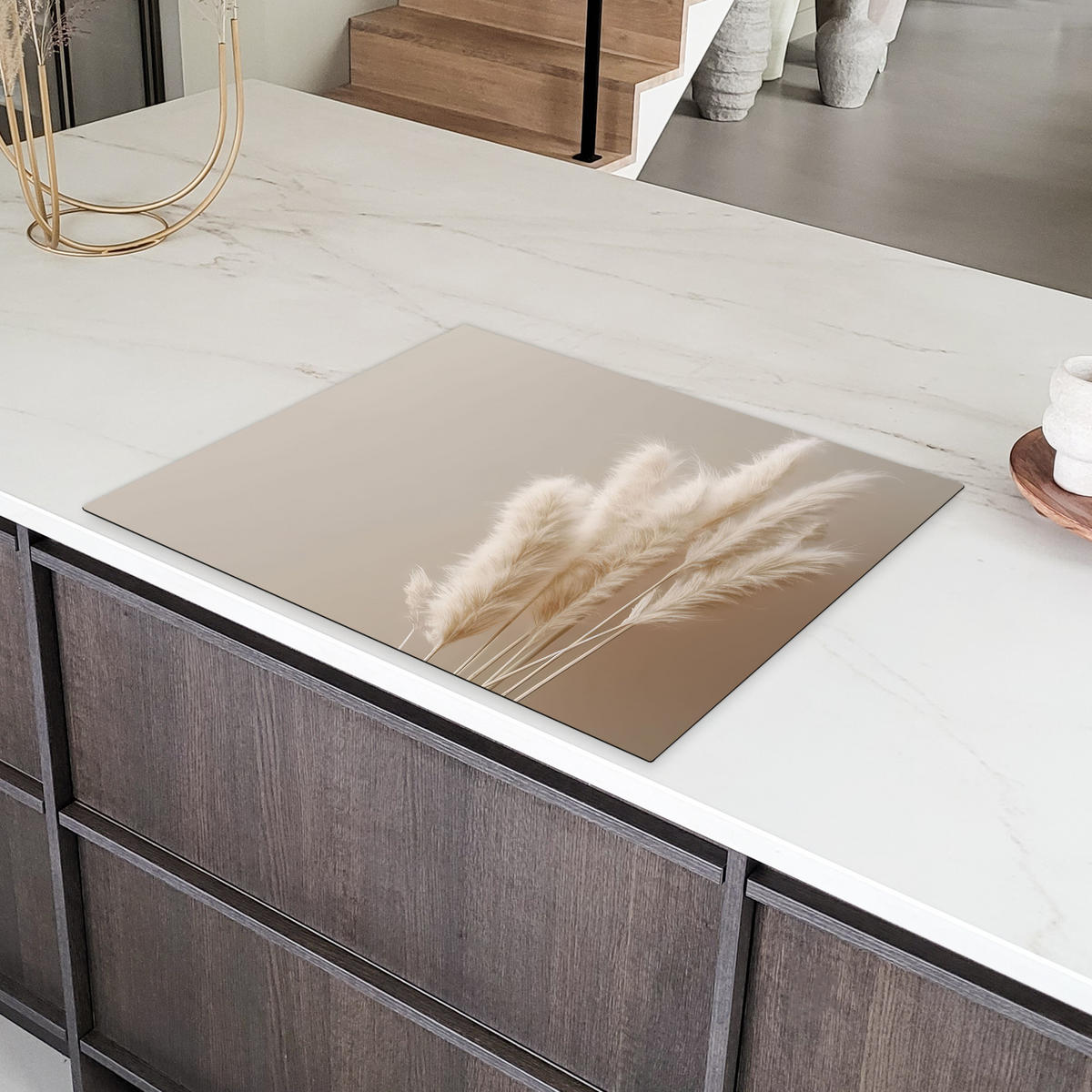 HERDABDECKPLATTE Pampasgras - Federn - Pastell - Weiß 77x59 cm - Creme, Kunststoff (77/59/0.2cm) - MuchoWow