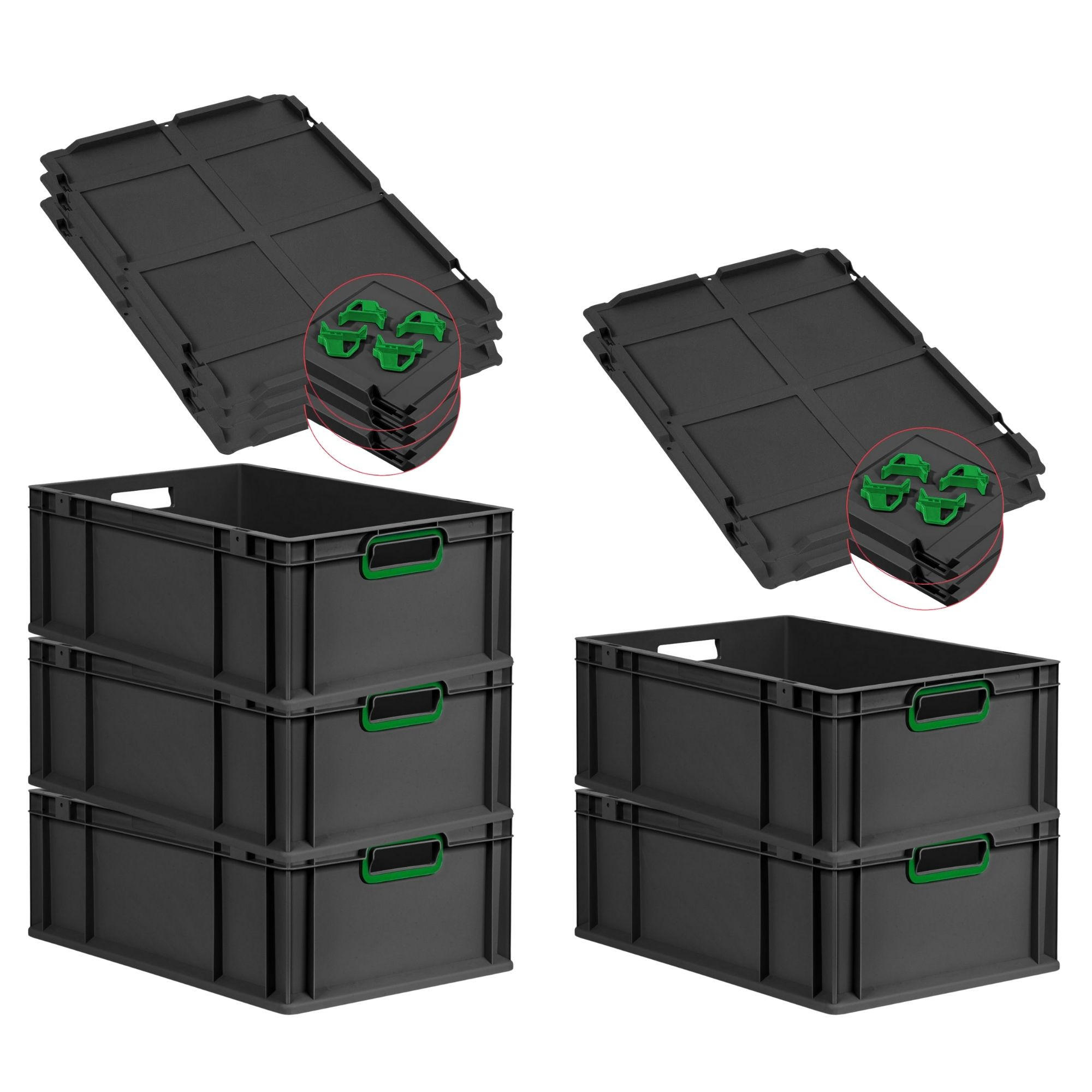 EUROBOX 5x NextGen Color mit Auflagedeckel 22x40x60 cm 44 Liter Schwarz Griffe grün offen - Schwarz/Grün, Kunststoff (40/22/60cm) - PROREGAL