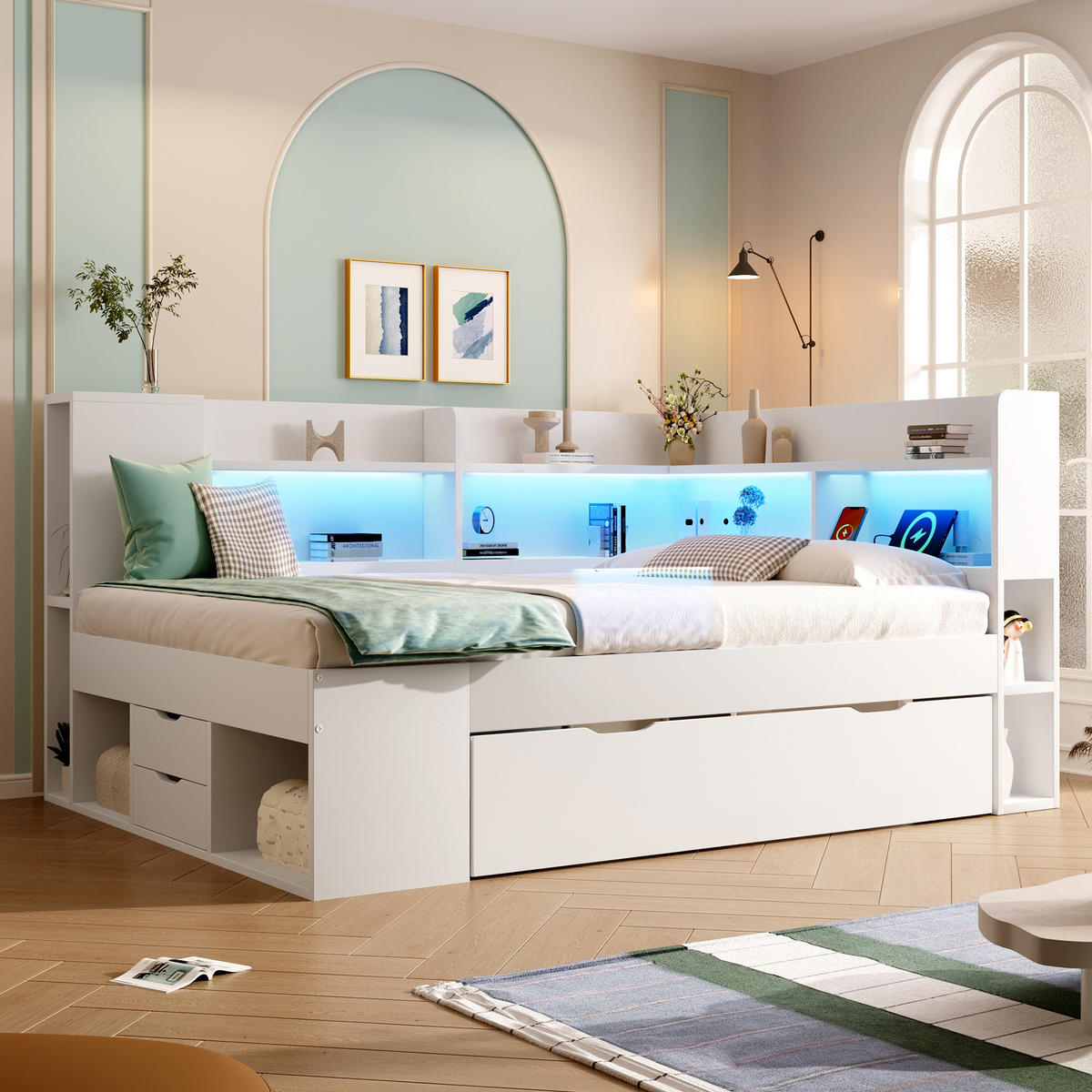 POLSTERBETT 140x200 cm in Weiß mit LED-Beleuchtung & USB-C - Weiß, Holzwerkstoff (140/200cm) - Modfu