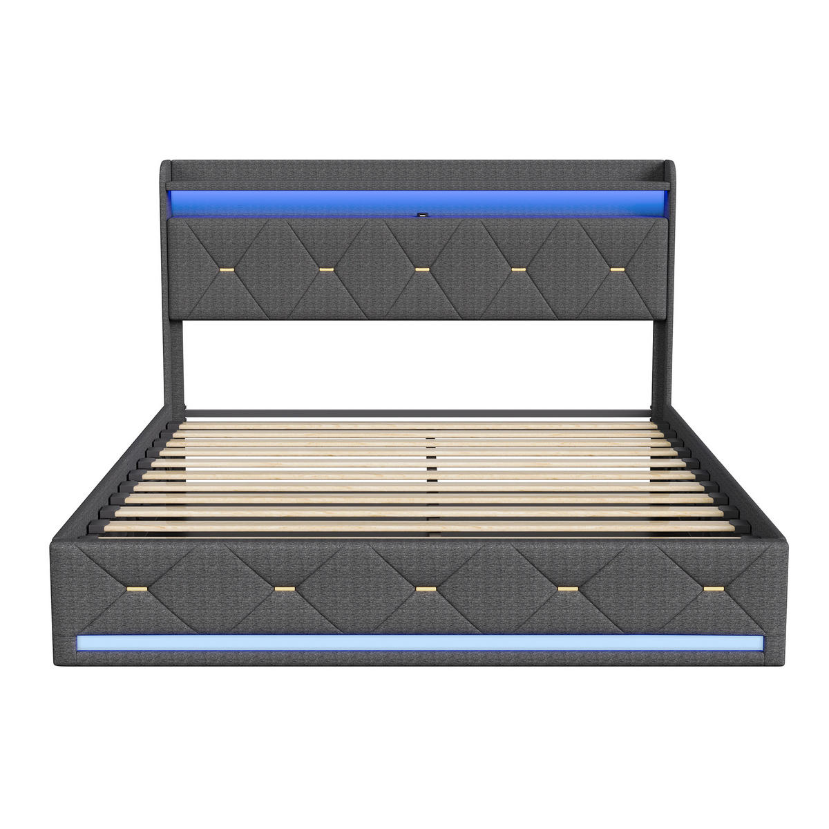 POLSTERBETT 140/200 cm Grau mit hydraulischem Stauraum, LED-Kopfteil mit Ladefunktion und Lattenrost - Grau, Metall (140/200cm) - EuroLiving