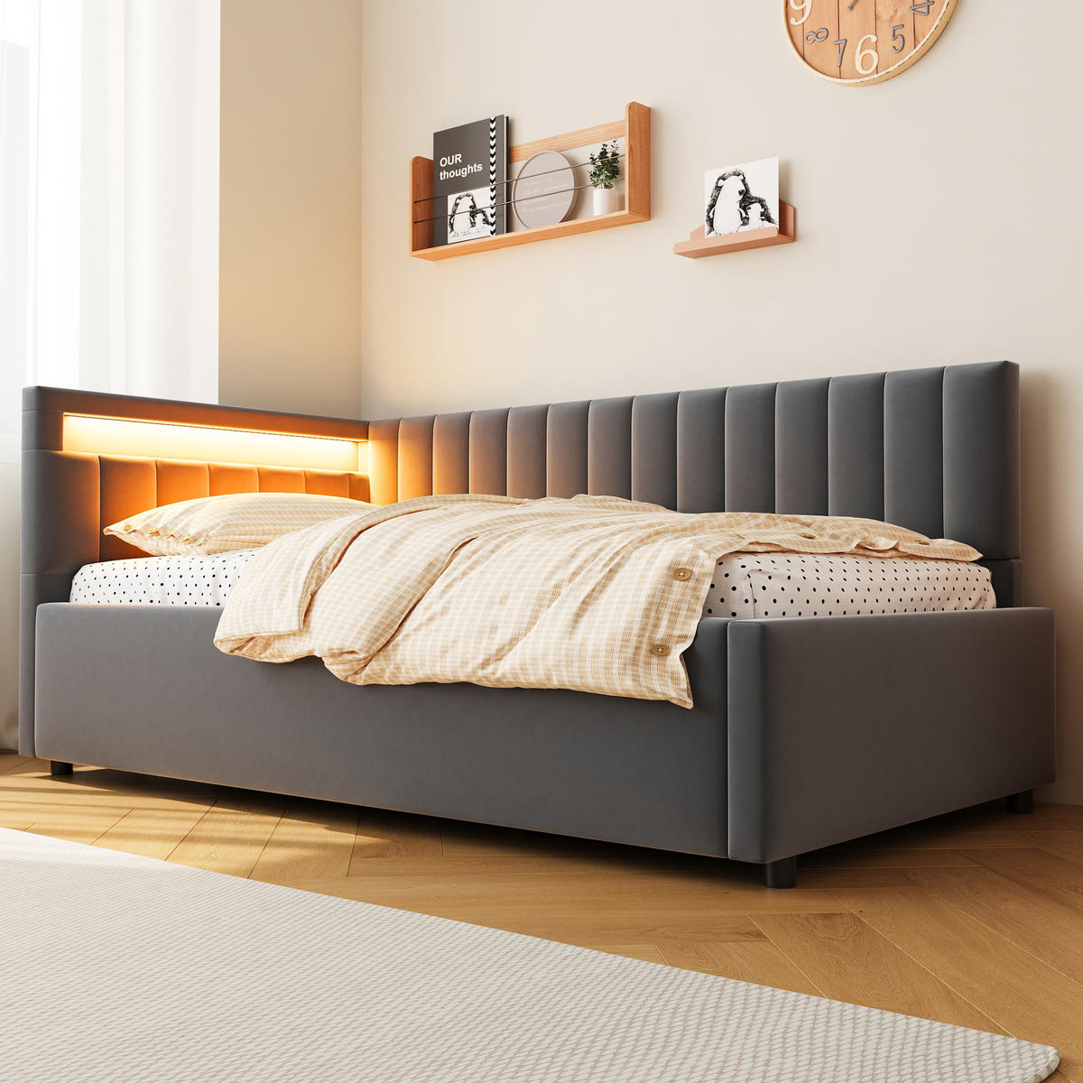 POLSTERBETT 90/200 cm grau aus Samtstoff mit LED und Stauraum - Grau, Textil (90/200cm) - OKWISH