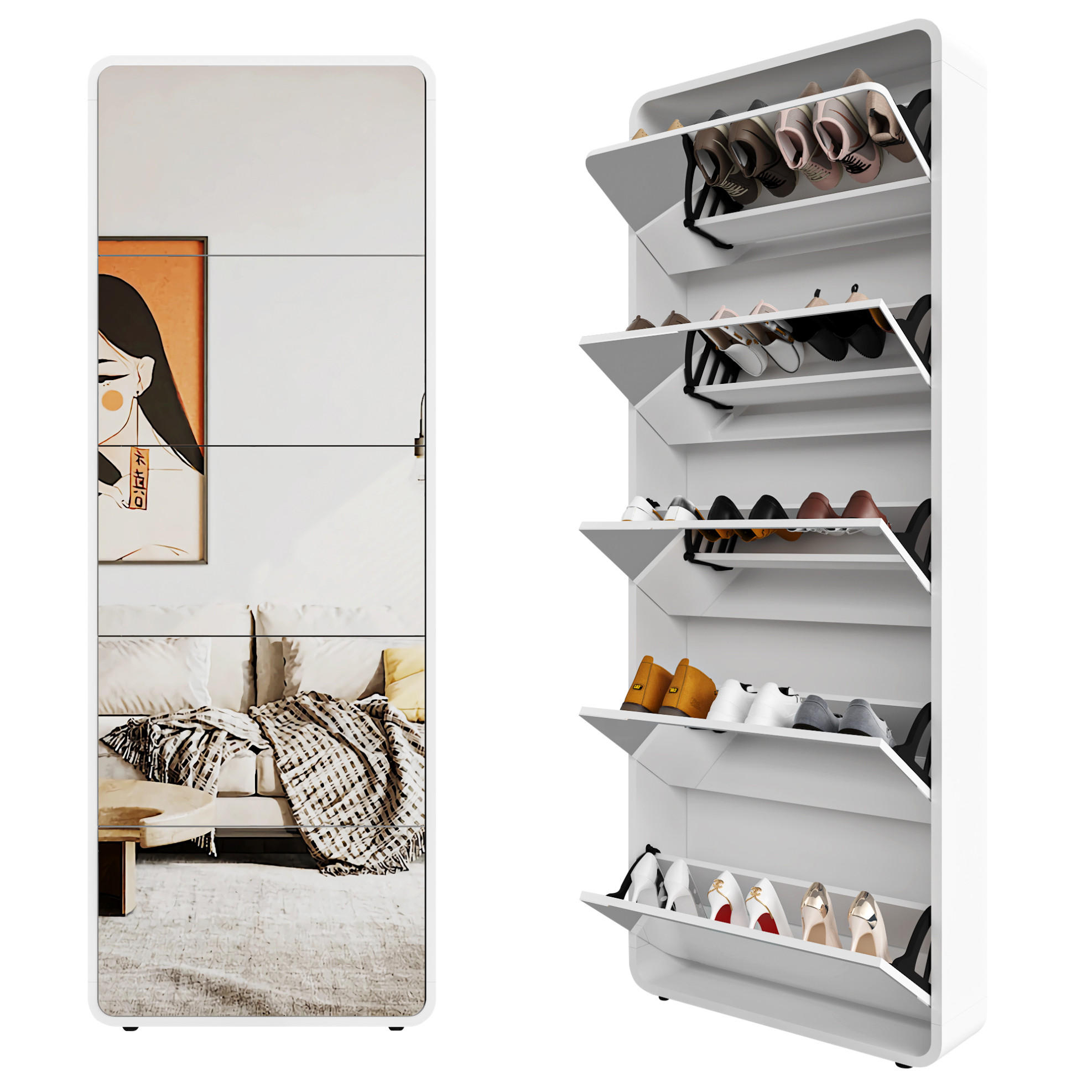 SCHUHSCHRANK 176 cm in Weiß mit Spiegel und 5 Klappen - Weiß, Holzwerkstoff (63/176/19.5cm) - Flora Grace