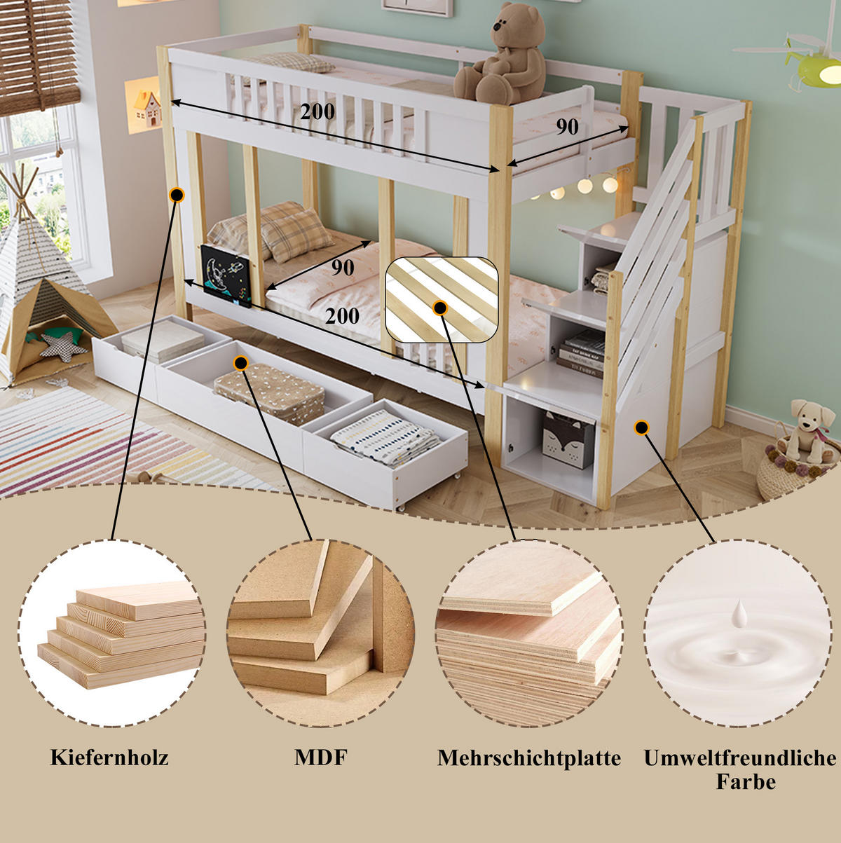 ETAGENBETT aus Kiefer und MDF 90x200 cm Weiß/Natur mit Stauraumtreppe, 3 Schubladen und Kritzeltafel - Weiß, Holzwerkstoff (90/200cm) - Modfu