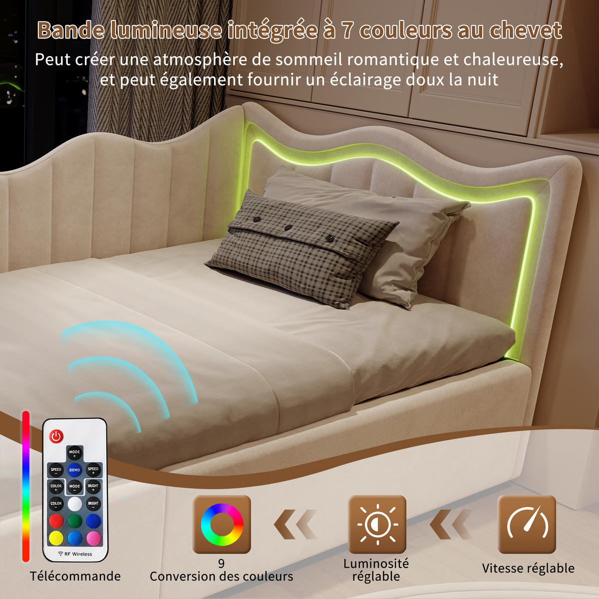 POLSTERBETT 90x200 cm LED Stauraum Kopfteil Samt beige - Beige, Holz (90/200cm) - LEBENLANG