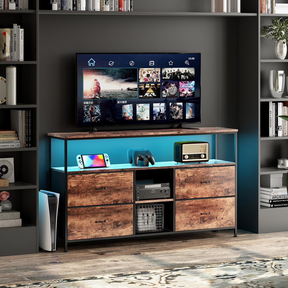 TV-SCHRANK 137 CM - Tigerholz-Optik mit Tigerholz-Stoffschubladen - Bernsteinfarben, Holz (30/78/137cm)