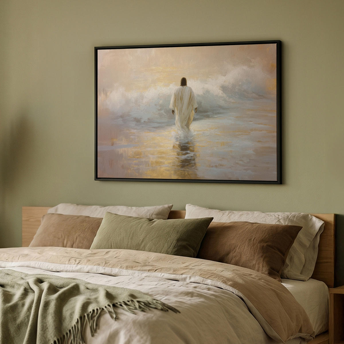 LEINWAND Bilder mit Rahmen - Gemälde - Welle - Jesus - Abstrakt - 100x70 - Goldfarben, Textil (100/70cm) - MuchoWow
