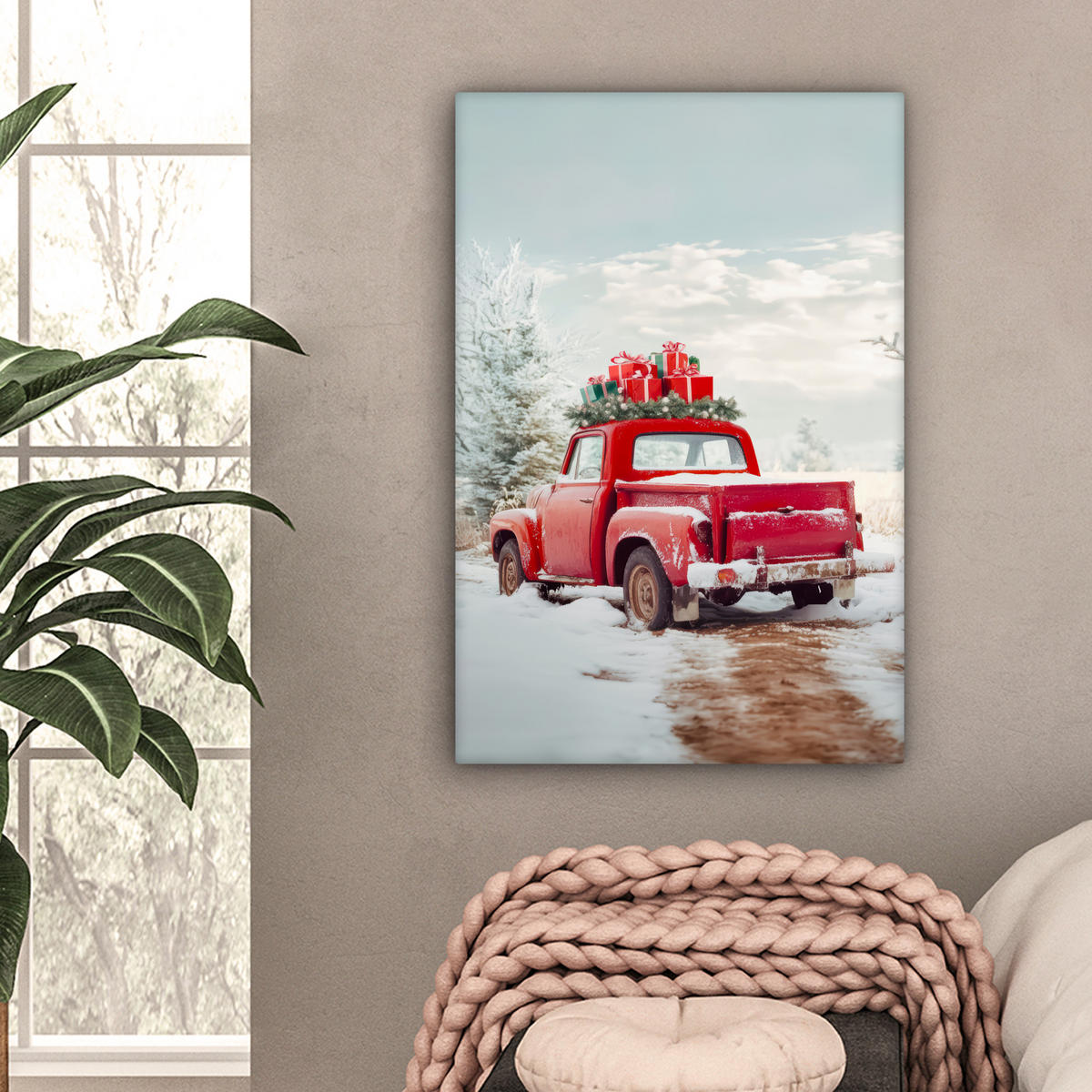 LEINWANDBILD Auto - Rot - Geschenke - Winter - Schnee - Weihnachten Wanddeko Schlafzimmer 60x90 cm - Rot, Textil (60/90cm) - MuchoWow