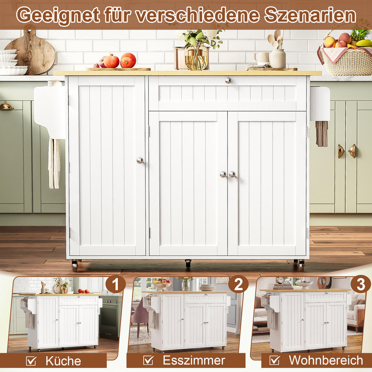 SERVIERWAGEN in Weiß Kücheninsel mit klappbarer Arbeitsplatte und Rollen für Küchen, B120/T45 (70)/H92cm - Weiß/Naturfarben, Holzwerkstoff (120/92/70cm) - STILVORA