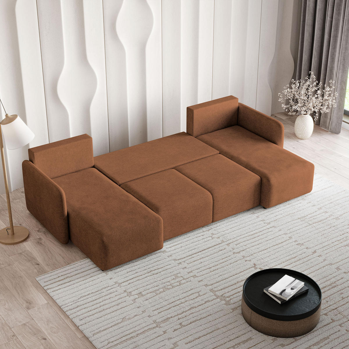 WOHNLANDSCHAFT NUBERO Kupferfarben Geflochtener Stoff mit Schlaffunktion - Kupferfarben, Holz (285/85/143cm) - MASSENO