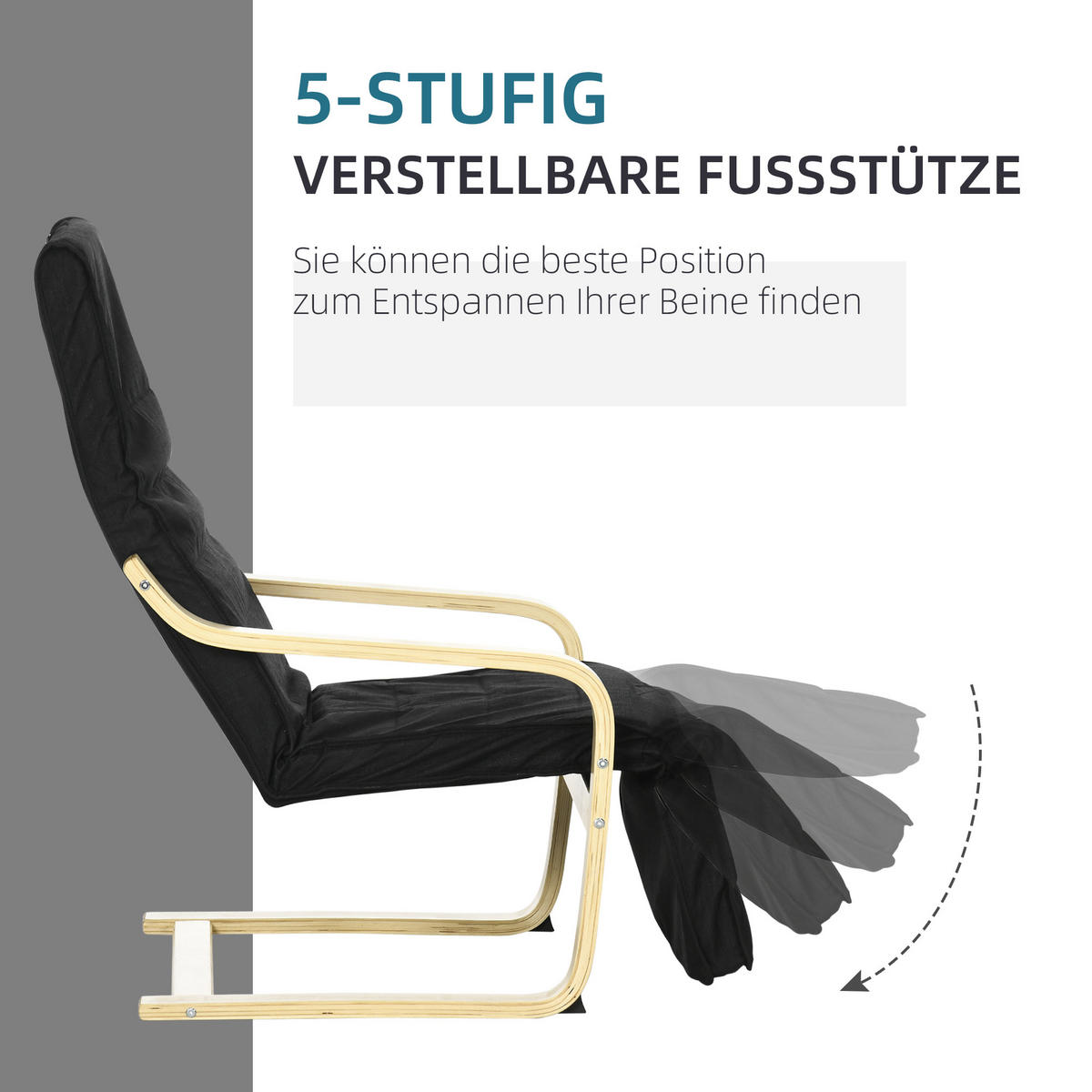 RELAXSESSEL Schwingstuhl, Ruhesessel, Relaxstuhl mit Verstellbarem Fußteil - Schwarz, Holz (94/100/66.5cm) - HOMCOM