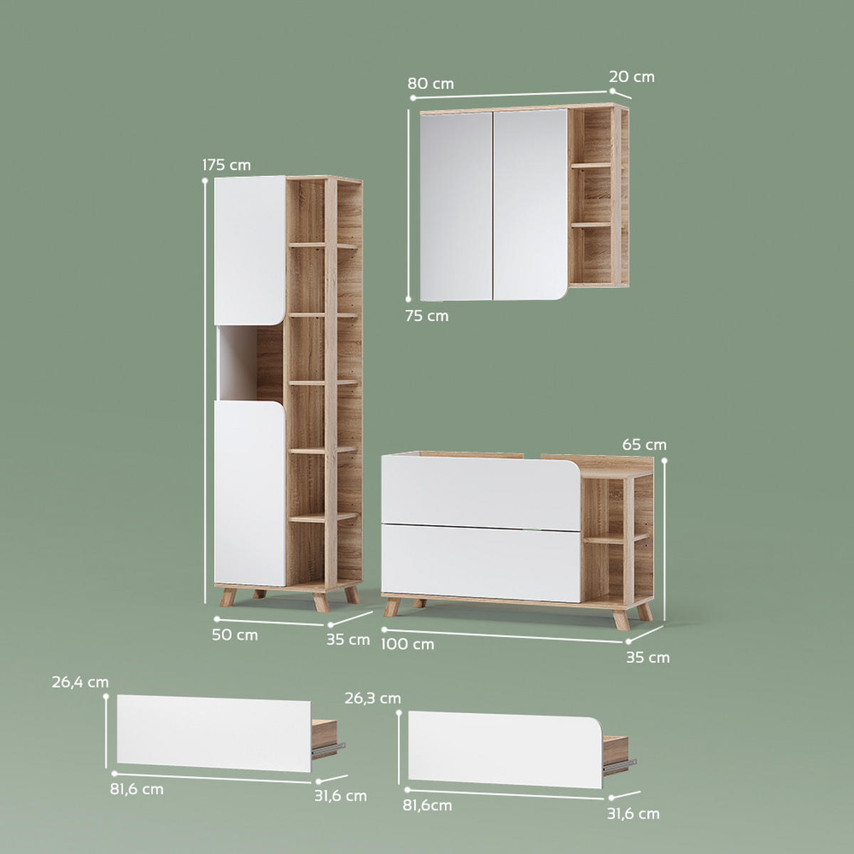 KOMPLET KOPALNIŠKEGA POHIŠTVA Marano, Sonoma/Bela, 3-delni - bela/hrast sonoma, leseni material (100/65/35cm) - Livinity®