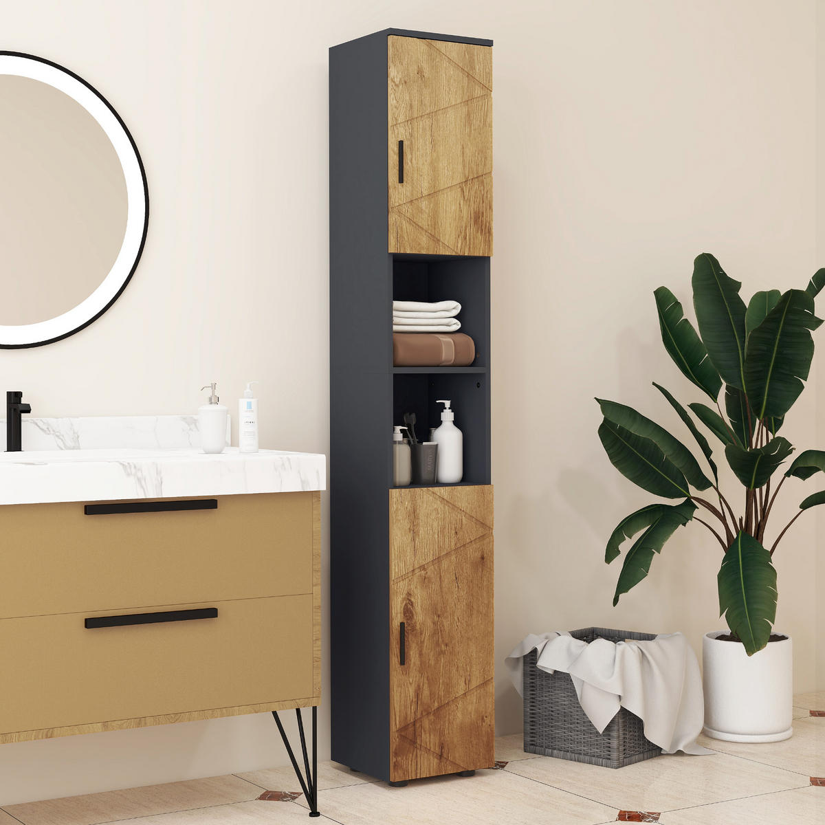 HOCHSCHRANK DE-12388 30/30/183 cm Dunkelgrau Eiche - Eichefarben, Holzwerkstoff (30/183/30cm) - ComfortXL