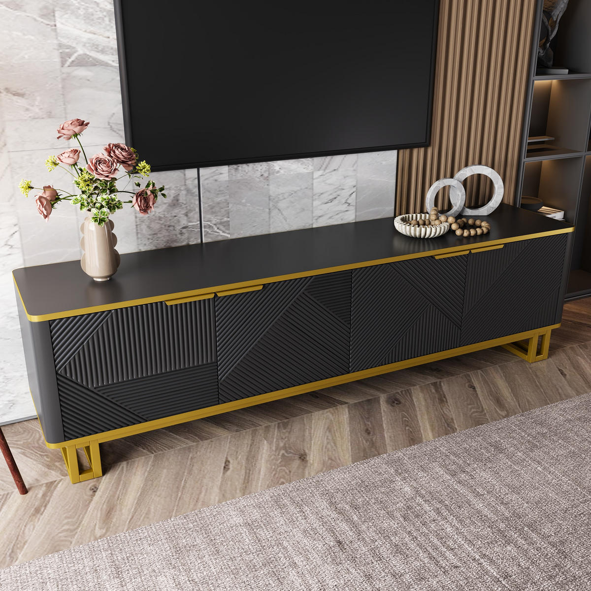 TV-SCHRANK 160cm 4 Türen geometrisch modern Stauraum - Schwarz, Holzwerkstoff (37.5/48/160cm) - FLIEKS