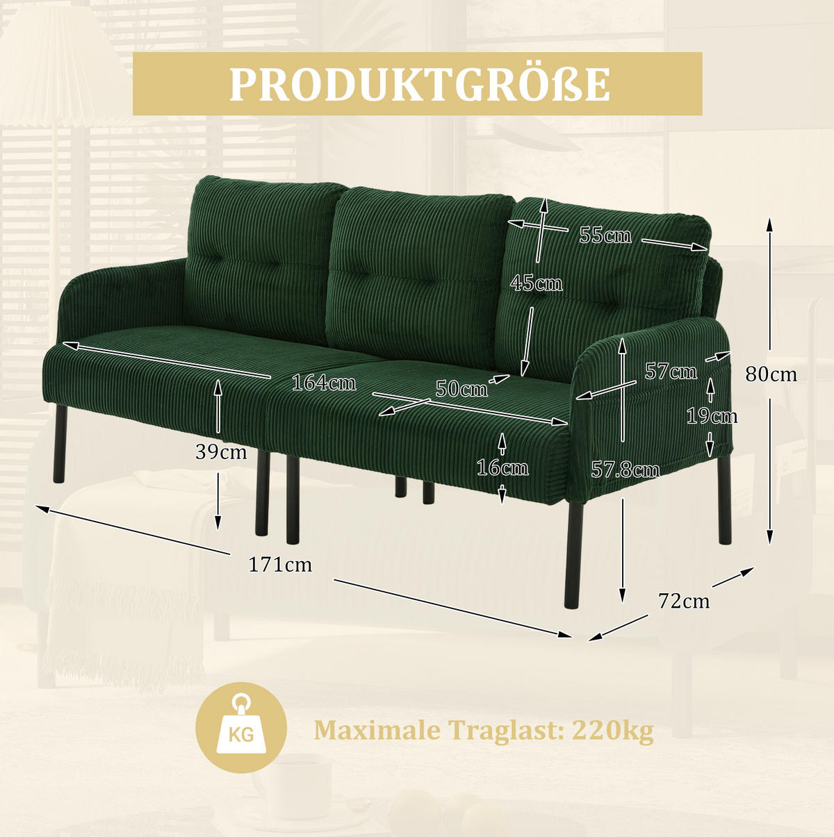 3-SITZER-SOFA 171/72/80 cm aus Cord mit Seitentasche Smaragdgrün - Smaragdgrün, Textil (72/80/171cm) - Modenvie