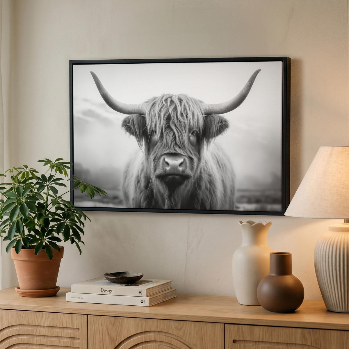 LEINWAND Bilder mit Rahmen - Schottischer Highlander - Nebel - Schwarz - Weiß - 60x40 - Grau, Textil (60/40cm) - MuchoWow