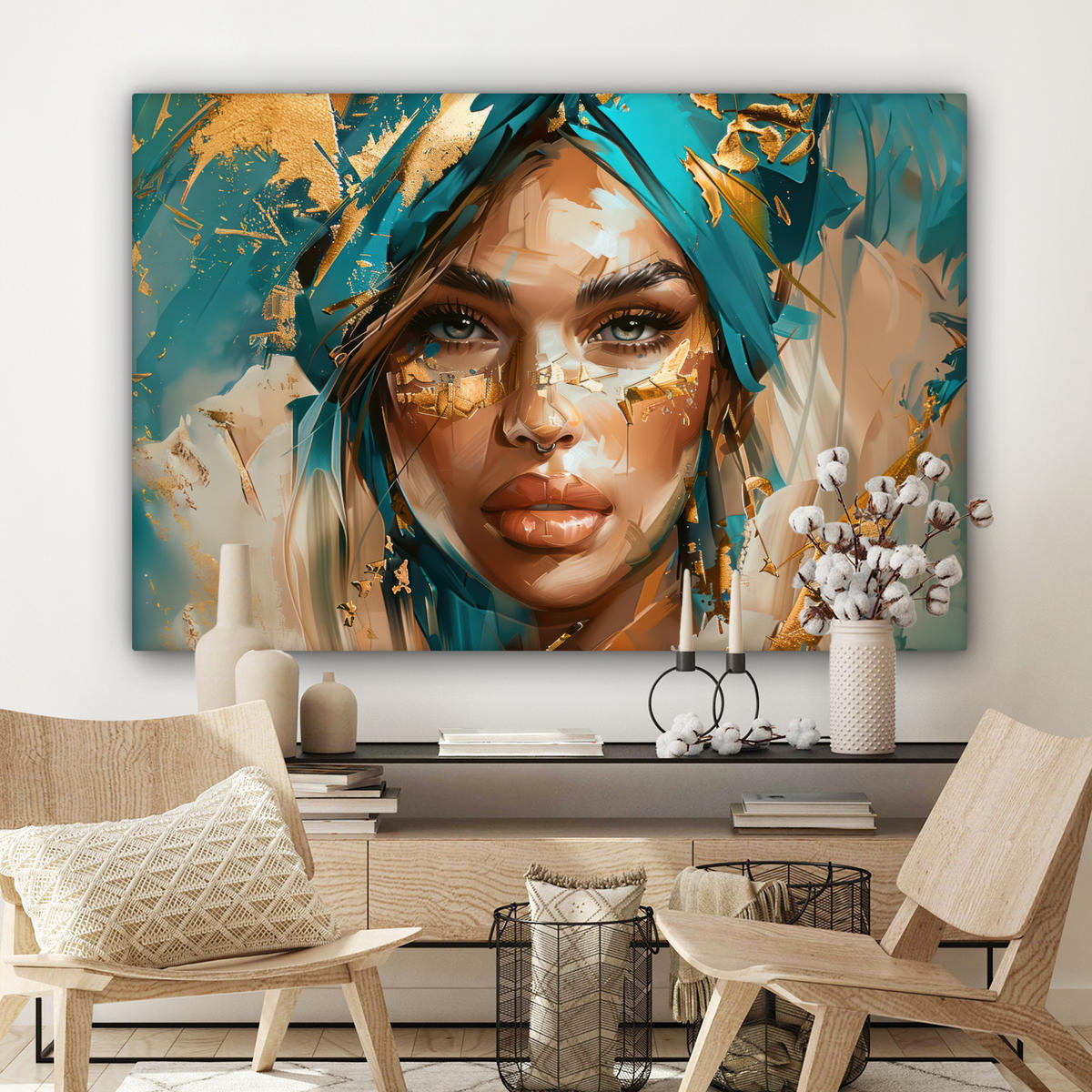 OBRAZ NA PLÁTNE Žena - Portrét - Zlato - Luxus - Modrá 140x90 cm - tyrkysová, textil (140/90cm) - MuchoWow