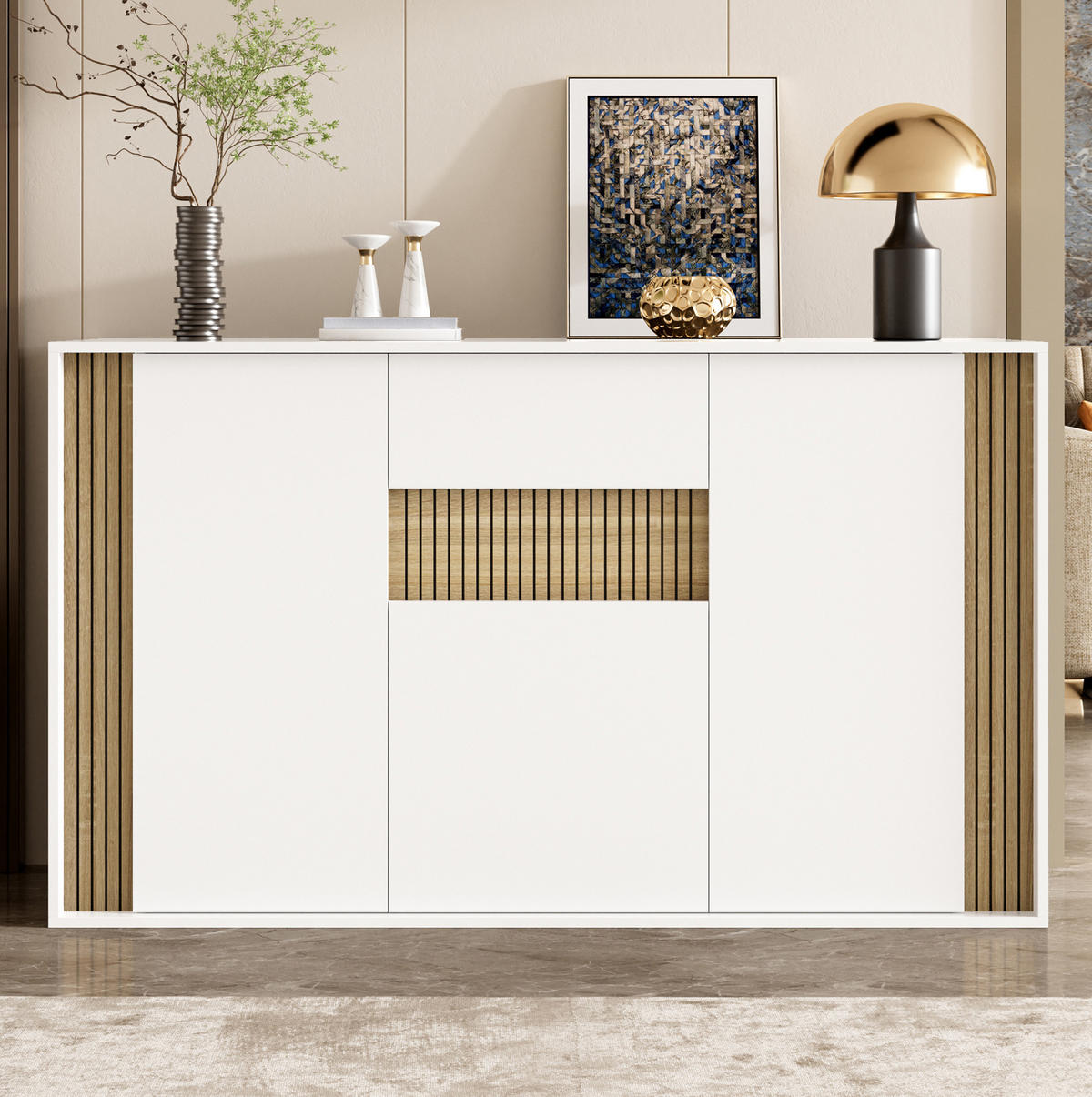 SIDEBOARD in Weiß und Natur 140x40x82 cm mit 3 Türen, Schublade und LED-Beleuchtung - Weiß, Holzwerkstoff (40/82/140cm) - IVMEU