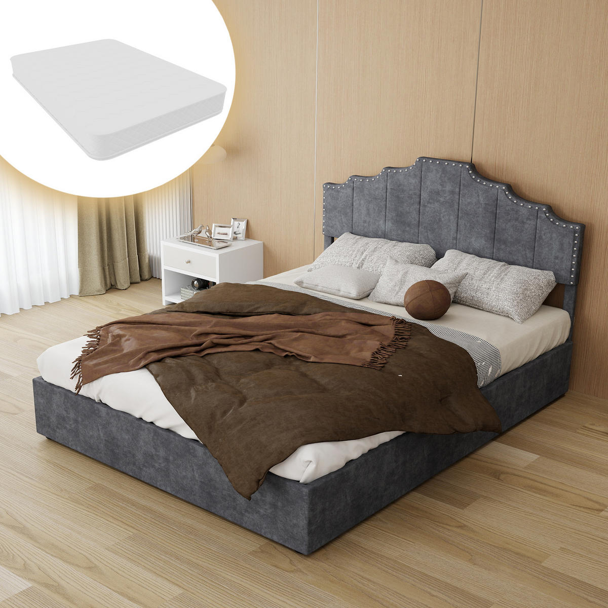 BETTRAHMEN 140/200 cm, Grau, Velours, ohne Kopfteil - Grau, Holz (140/200cm) - SHOPENTRA