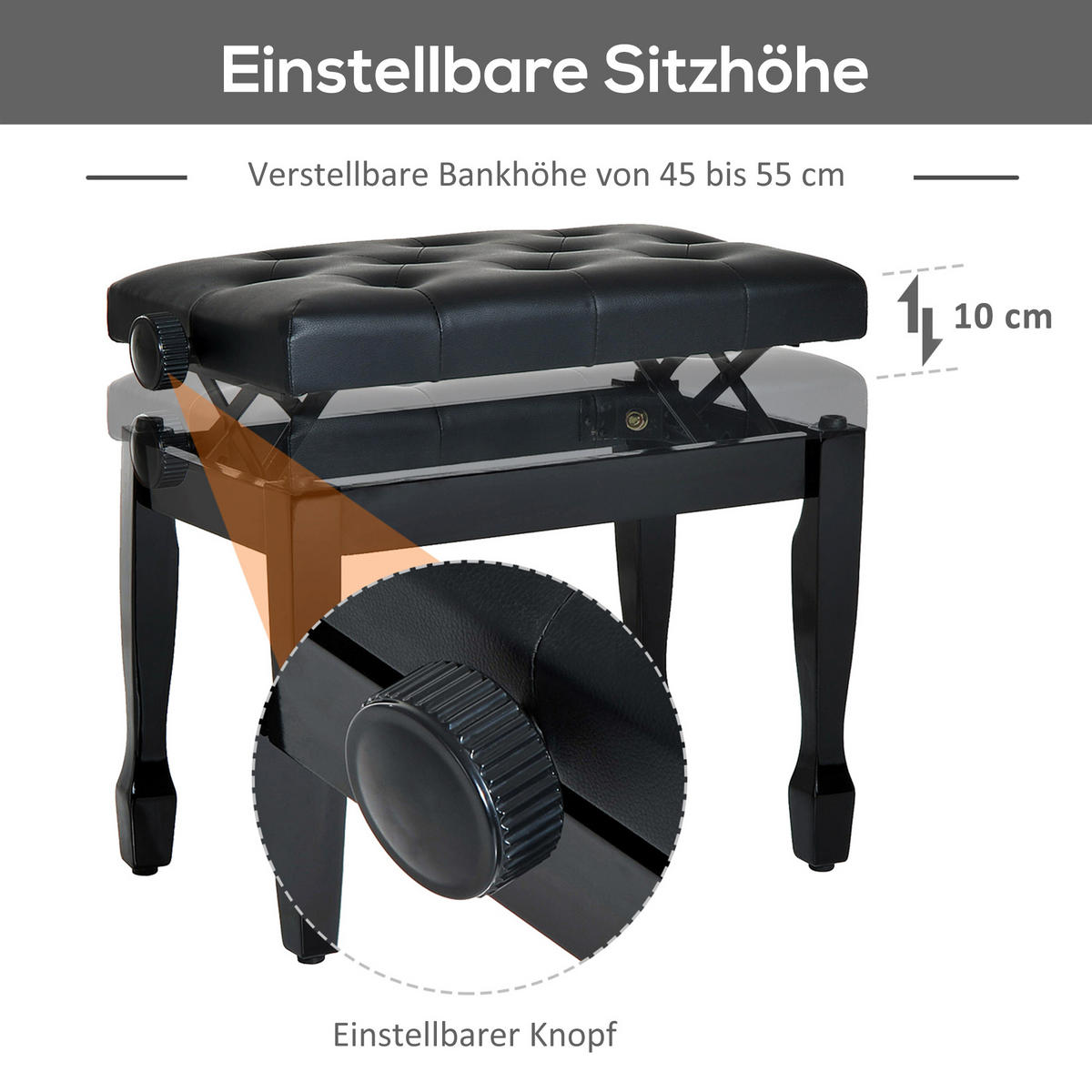 KLAVIERHOCKER Klavierbank höhenverstellbar Üben von Musikinstrumenten Hocker - Schwarz, Holz (35/55/64cm) - HOMCOM