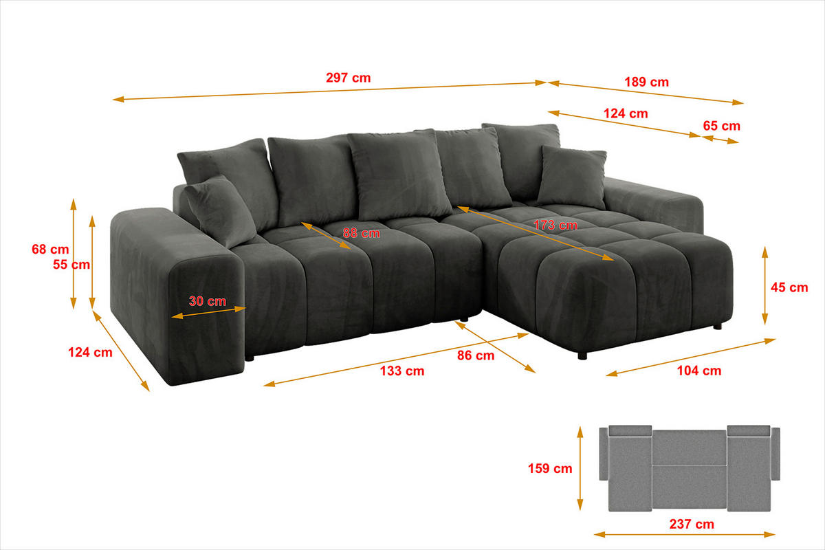 ECKSOFA Ottomane rechts ENIL-L 297x189x68 Dunkelgrau Velours - Anthrazit, Holzwerkstoff/Kunststoff (189/297cm) - ALTDECOR