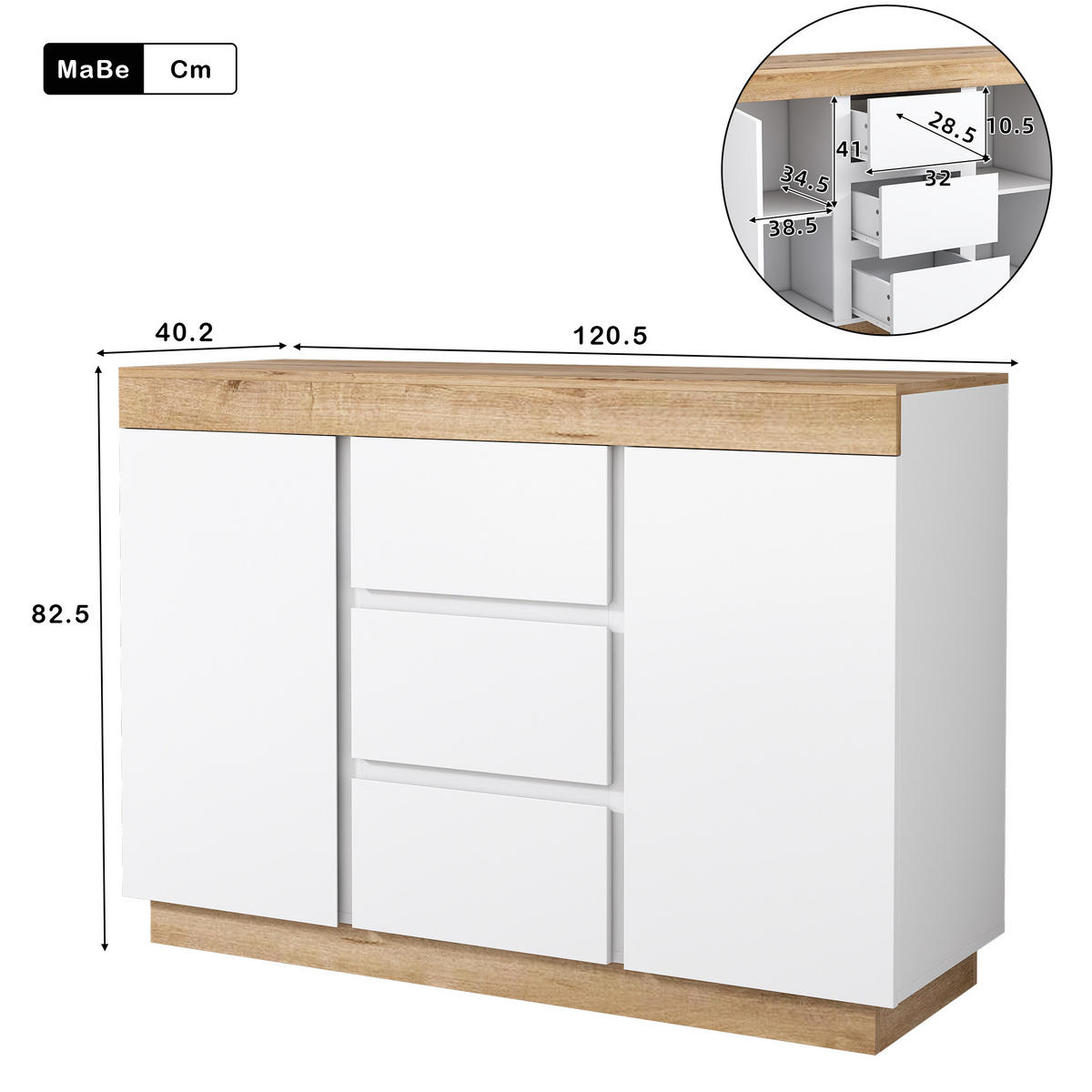 KOMODA bílá dub 120 cm 3 zásuvky 2 dvířka - bílá, kompozitní dřevo (120.5/82.5/40cm) - Urban Meuble