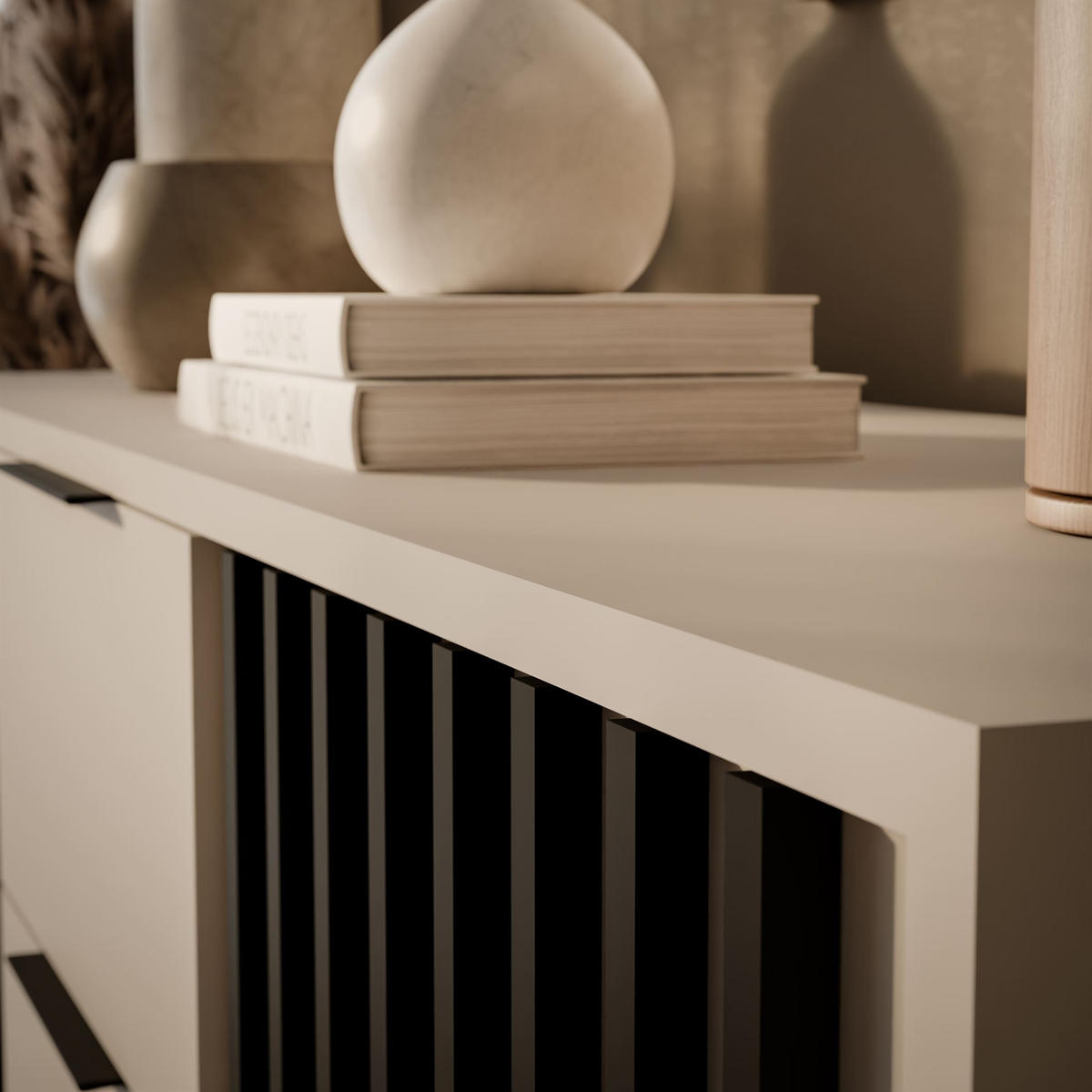 KOMMODE NELA, zweitürig mit Lamellen, Kaschmir/Schwarz - Kaschmir, Holzwerkstoff (155/86/45cm) - Lookway