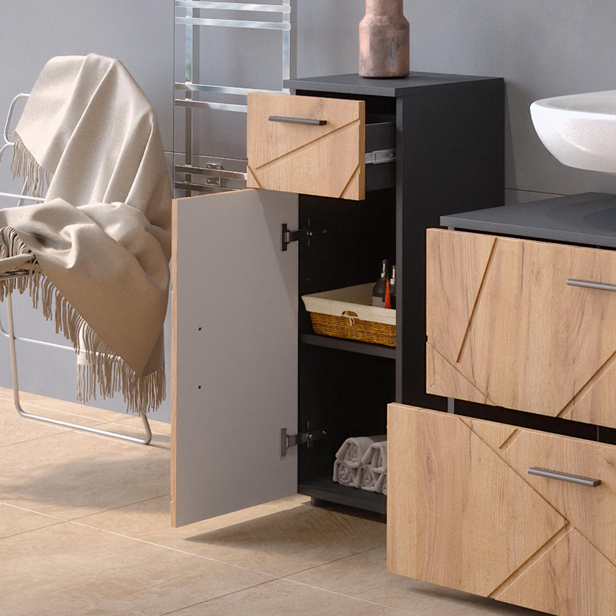 MIDISCHRANK Irma Goldkraft Eiche 30 x 81 cm - Anthrazit/Eiche Wotan, Holzwerkstoff (30/81/30cm) - Vicco