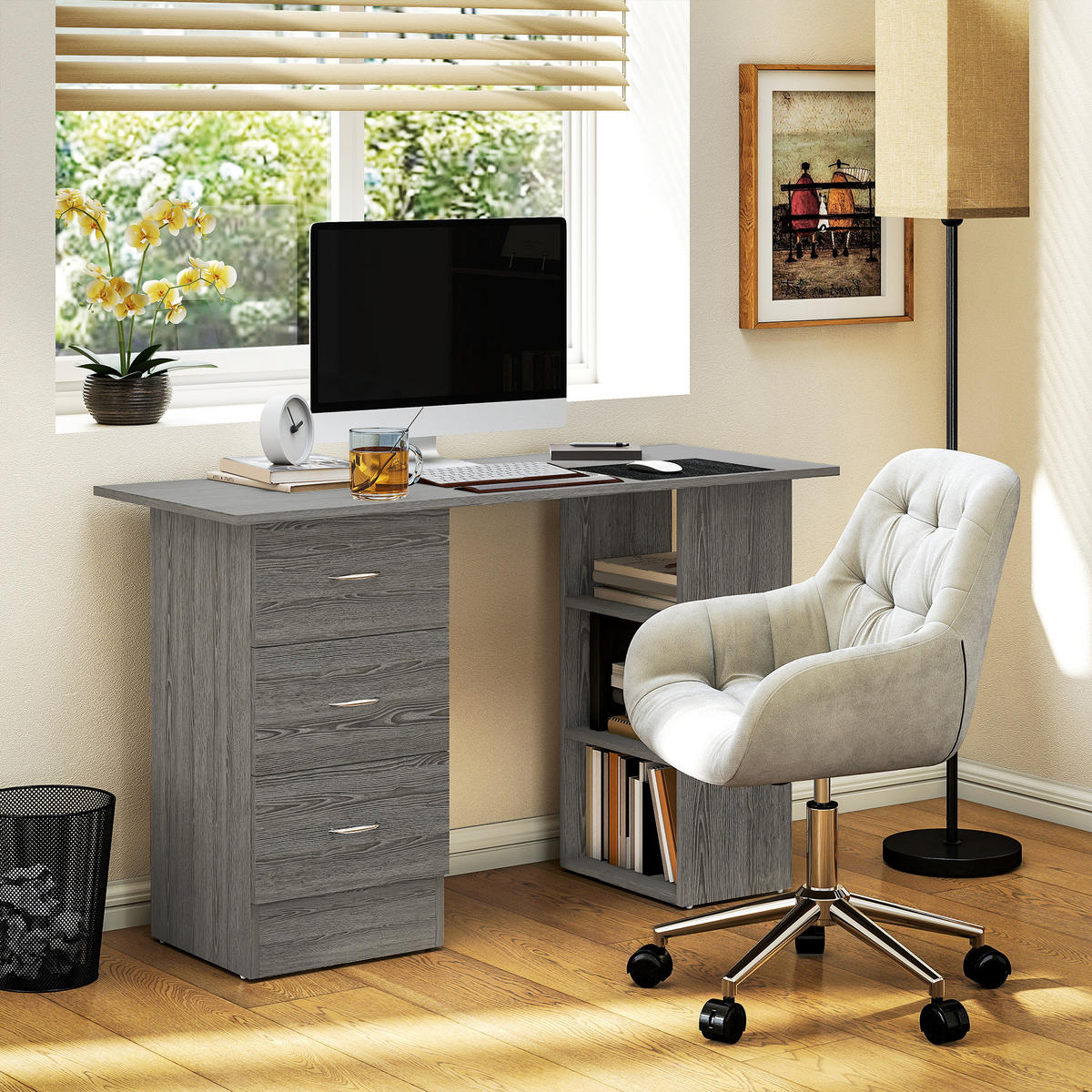 SCHREIBTISCH Grau mit 3 Schubladen und 3 Regalfächern 120/49/72 cm - Grau, Holzwerkstoff (49/120/72cm) - PANGIVO