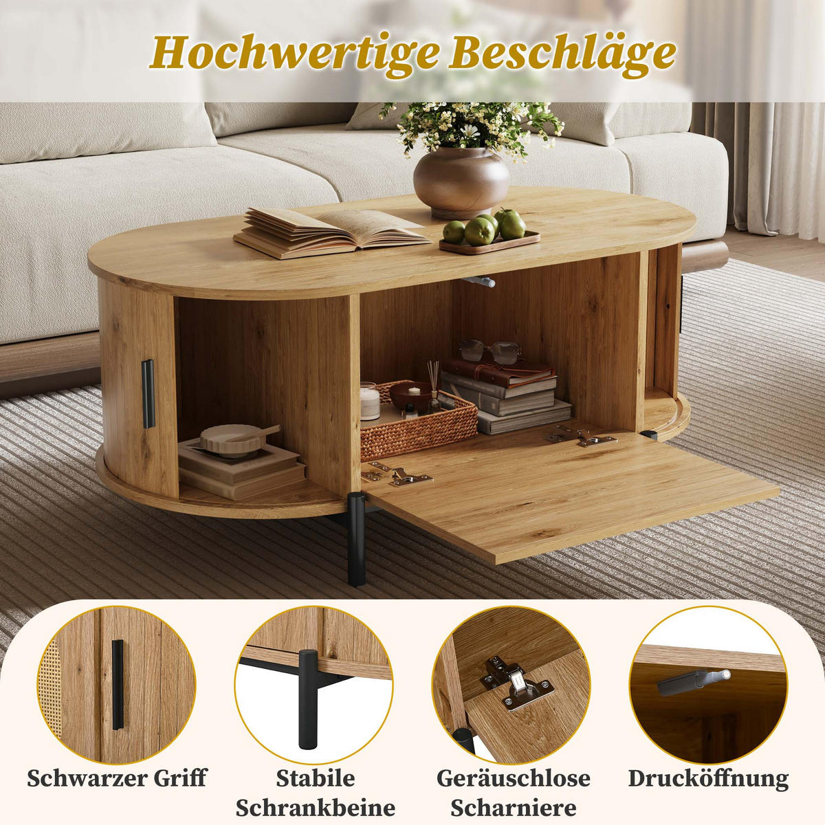 COUCHTISCH in Holzoptik Ovaler Wohnzimmertisch mit Schiebetüren und Stauraum, B100/T50H40(cm) - Schwarz/Naturfarben, Holzwerkstoff/Metall (50/100/40cm) - STILVORA