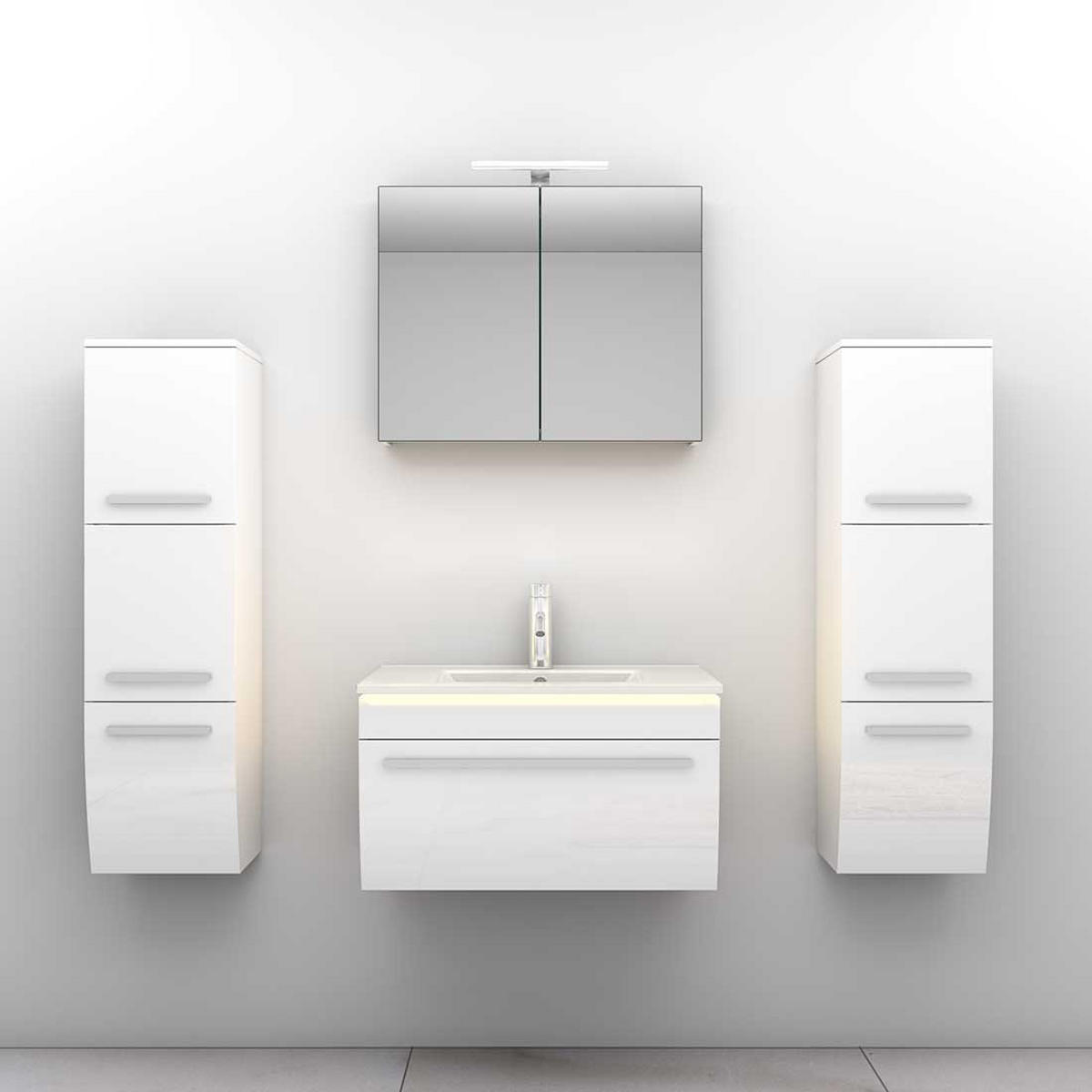BADMÖBEL Set Gently 3 V3 Weiß Badezimmermöbel Badspiegel Waschtisch 70 cm mit 1x 5W LED / Energiebox - Weiß, Glas/Kunststoff (46/40/70cm) - AcquaVapore by Sandra Jentho